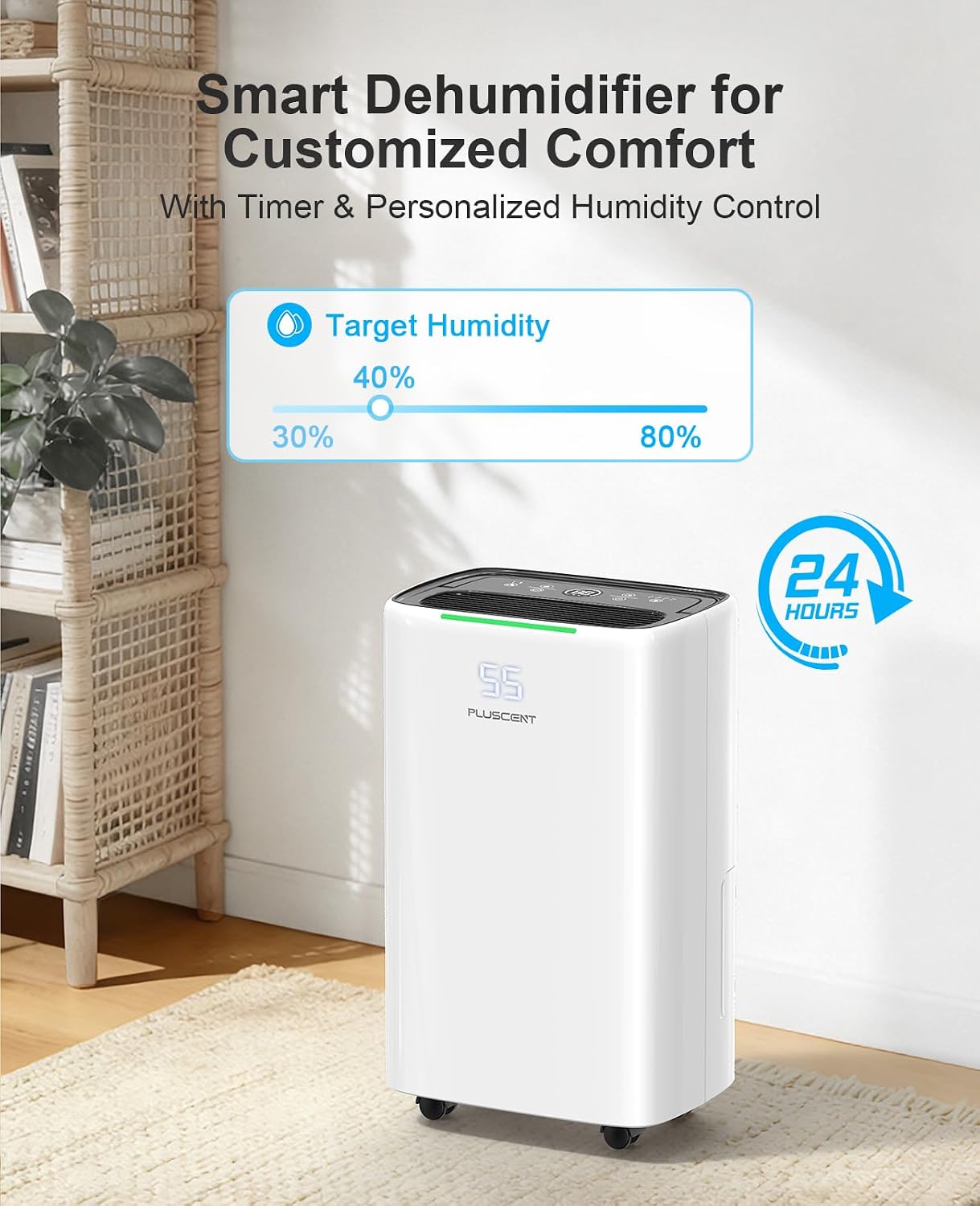 PLUSCENT 5000 Sq.Ft Dehumidifiers for Home, 52 Pints Compressor Dehumidifier for Basement with Drain Hose, Smart Humidity Control, Auto Defrost, Auto Restart, 24H Timer, for Bedroom, Large Rooms