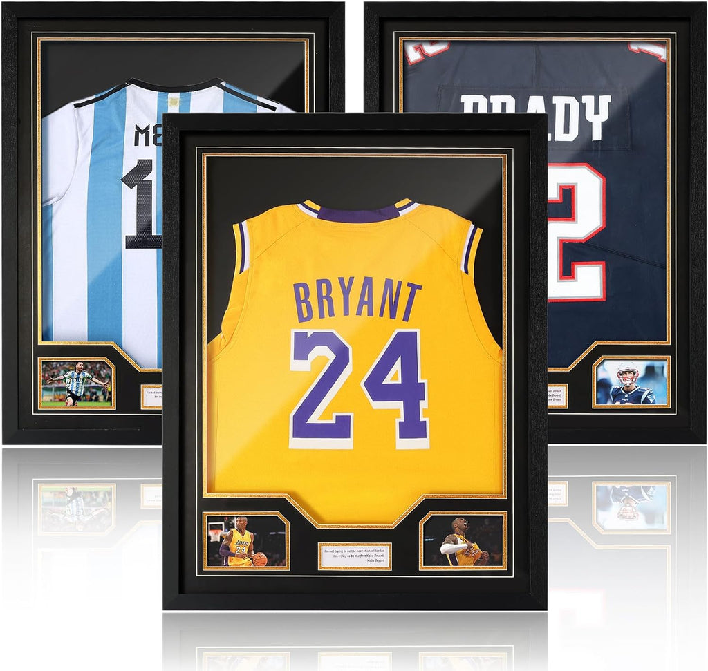 JupDec Jersey Frame Display Case 3 Pack, Large Clear Acrylic Shadow Box with UV Protection for Basketball Baseball Football Soccer Hockey Shirt, Wall Mount Wooden Showcase, Idea Gift for Sports Fans