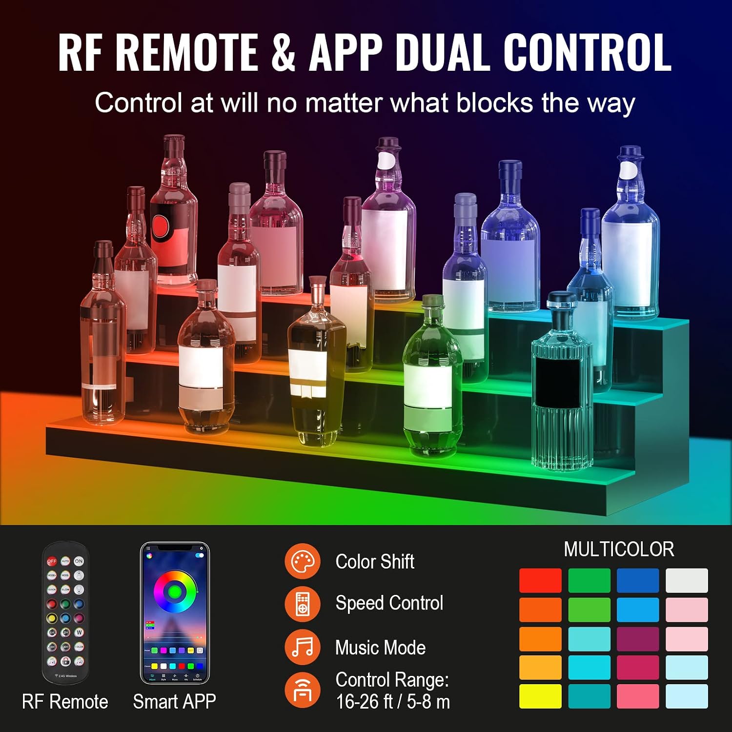 VEVOR LED Lighted Liquor Bottle Display, 3 Tiers 40 Inches, Supports USB, Illuminated Home Bar Shelf with RF Remote & App Control 7 Static Colors 1-4 H Timing, Acrylic Lighted Shelf for 30 Bottles