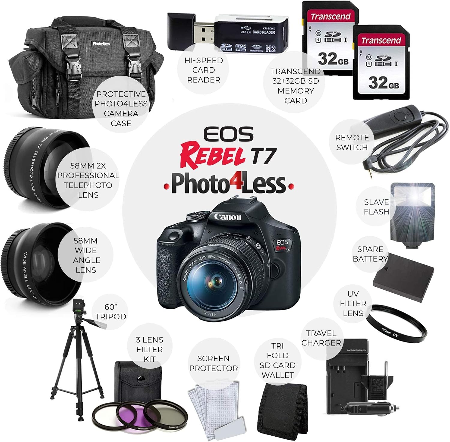 Canon EOS Rebel T7 Digital SLR Camera with EF-S 18-55mm f/3.5-5.6 is STM Lens + 64GB Memory Card + Wide Angle and Telephoto Lens + Tripod + Extra Battery + Remote + Slave Flash (Renewed)