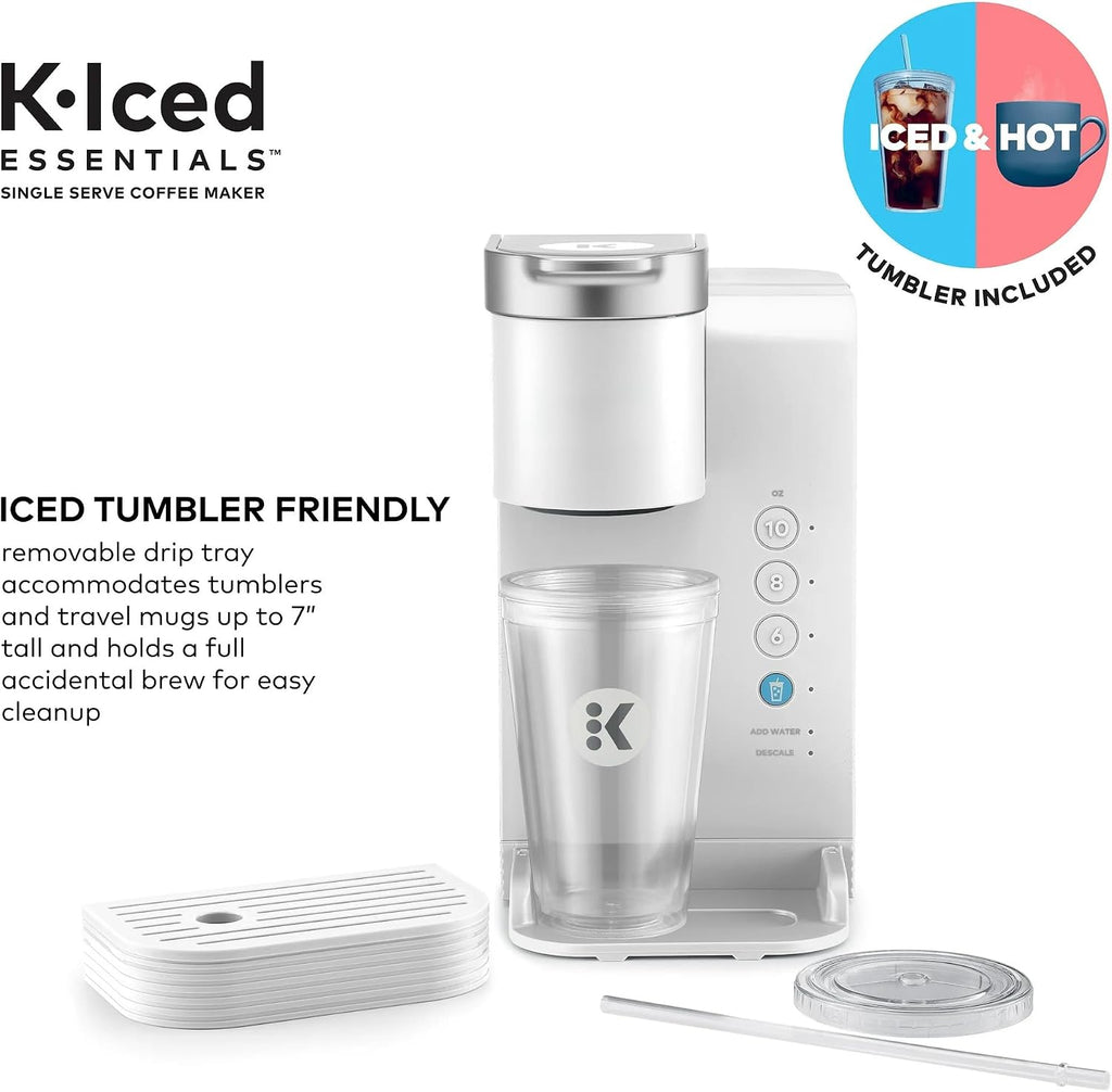KeurigK K-Iced Essentials Coffee Maker, Iced and Hot Single-Serve KCup Pod Brewer with Removable Reservoir and Auto-Off, Energy Efficient, Includes K Iced Tumbler, Compact, White