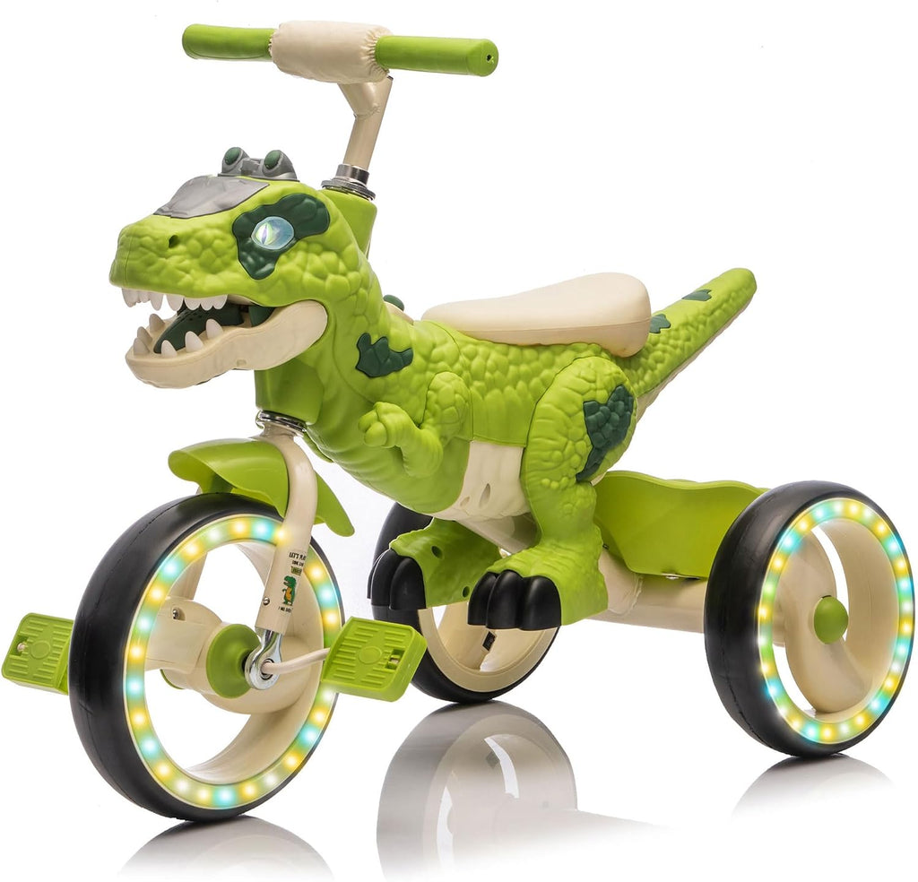 Dinosaur Kids Tricycle for Rider, Toddlers Kid Trike Bike Big Wheel with EVA Wide Flash Wheels, Anti-Slip Pedals, Storage Basket, Music & LED Lights, Kids Bike for 3-6 Year Old Girls & Boys (Green)