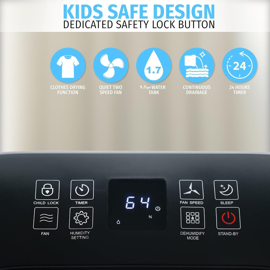 Nyxi 4,500 Sqft / 50 Pints Powerful Compressor Dehumidifier, Smart Digital Humidity Control, XL Water Tank 1.7 Gallon, Drain Hose Option, 24-Hour Timer, Removes Moisture for Home, Laundry, Office