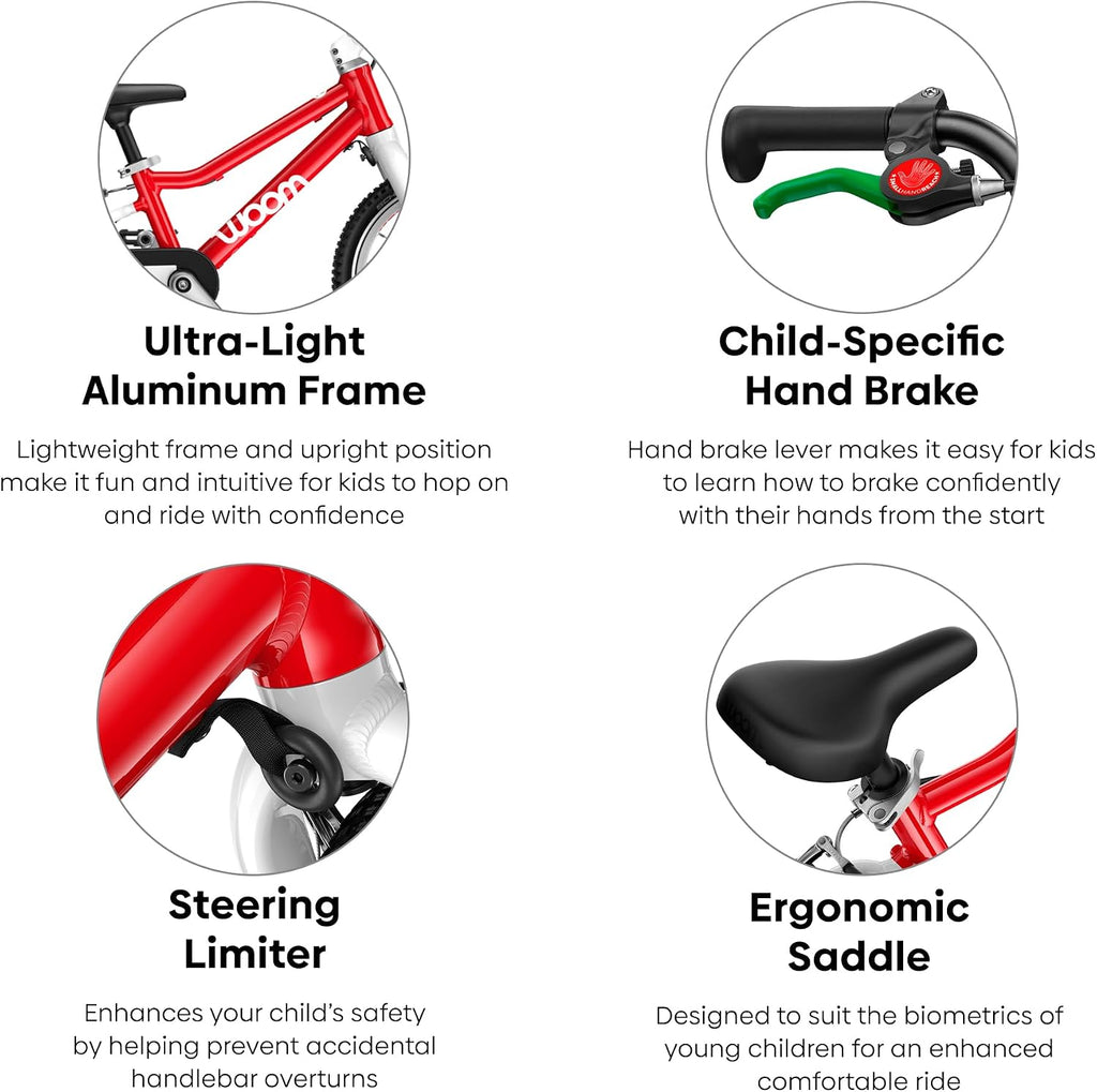 woom GO 2 Bicycle for Children 3 to 4.5 Years Old, 14-Inch Lightweight Bike with Handbrake, Steering Limiter & Chainguard for Boys & Girls