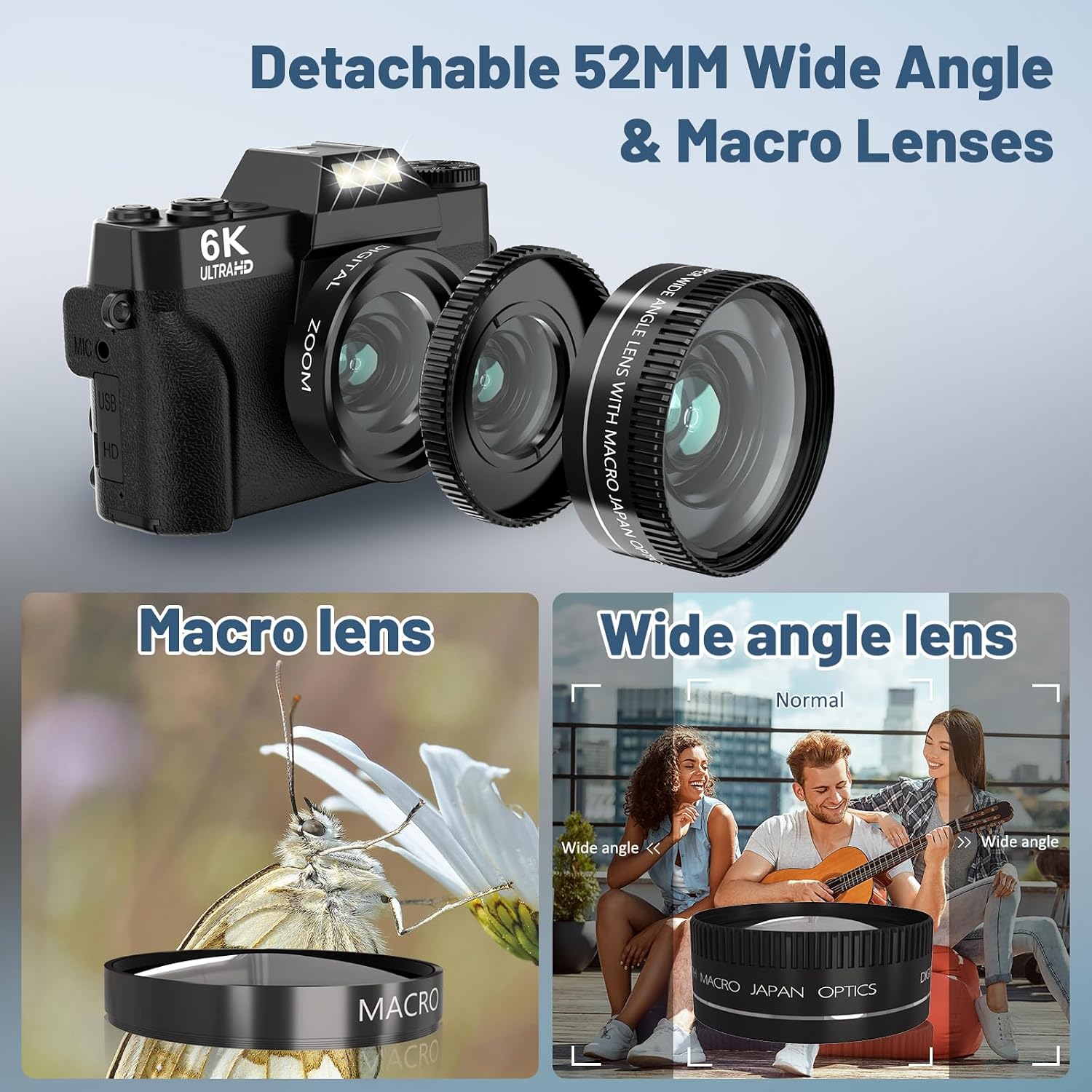 6K Digital Camera for Photography - WiFi 64MP Vlogging Cameras for YouTube with 3' 180° Flip Screen, 16X Digital Zoom Autofocus Vlog Travel Camara with 32GB SD Card, 2 Batteries and Double Charger