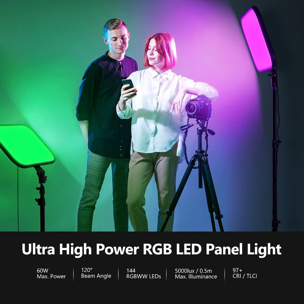 NEEWER RGB168 18.3' RGB LED Video Panel Light with App Control, Bluetooth, 2 Pack Tripod Stand Kit, 60W/360° Full Color/2500-8500K/CRI97+, Studio Photography/YouTube/Game Streaming
