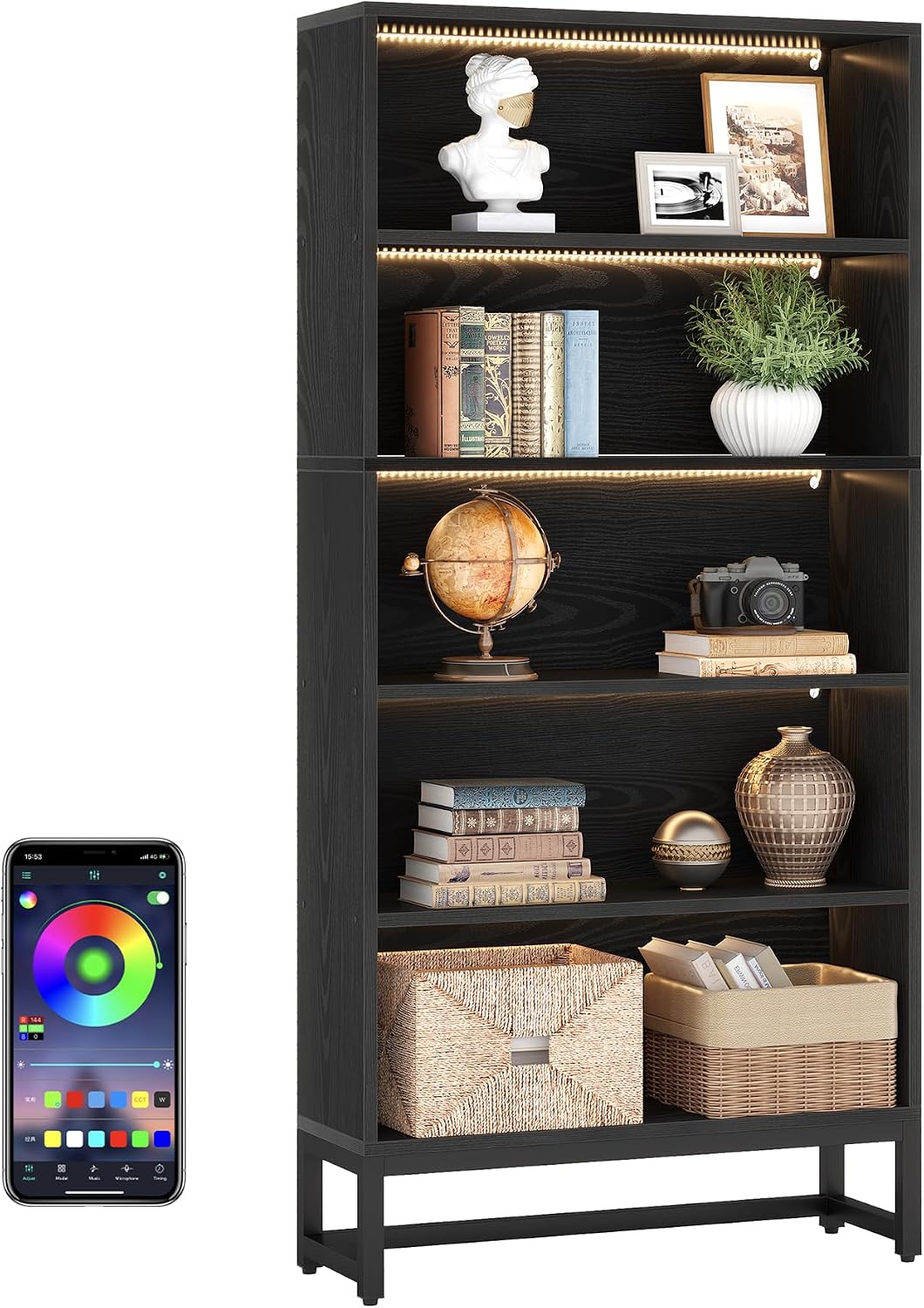 Tribesigns Tall Bookcase Black Bookshelf, 70.8' Large Bookcases Organizer with LED Lights, Heavy Duty Free-Standing Library Bookshelf with 5-Tier Storage Shelves for Living Room, Bedroom (Black)