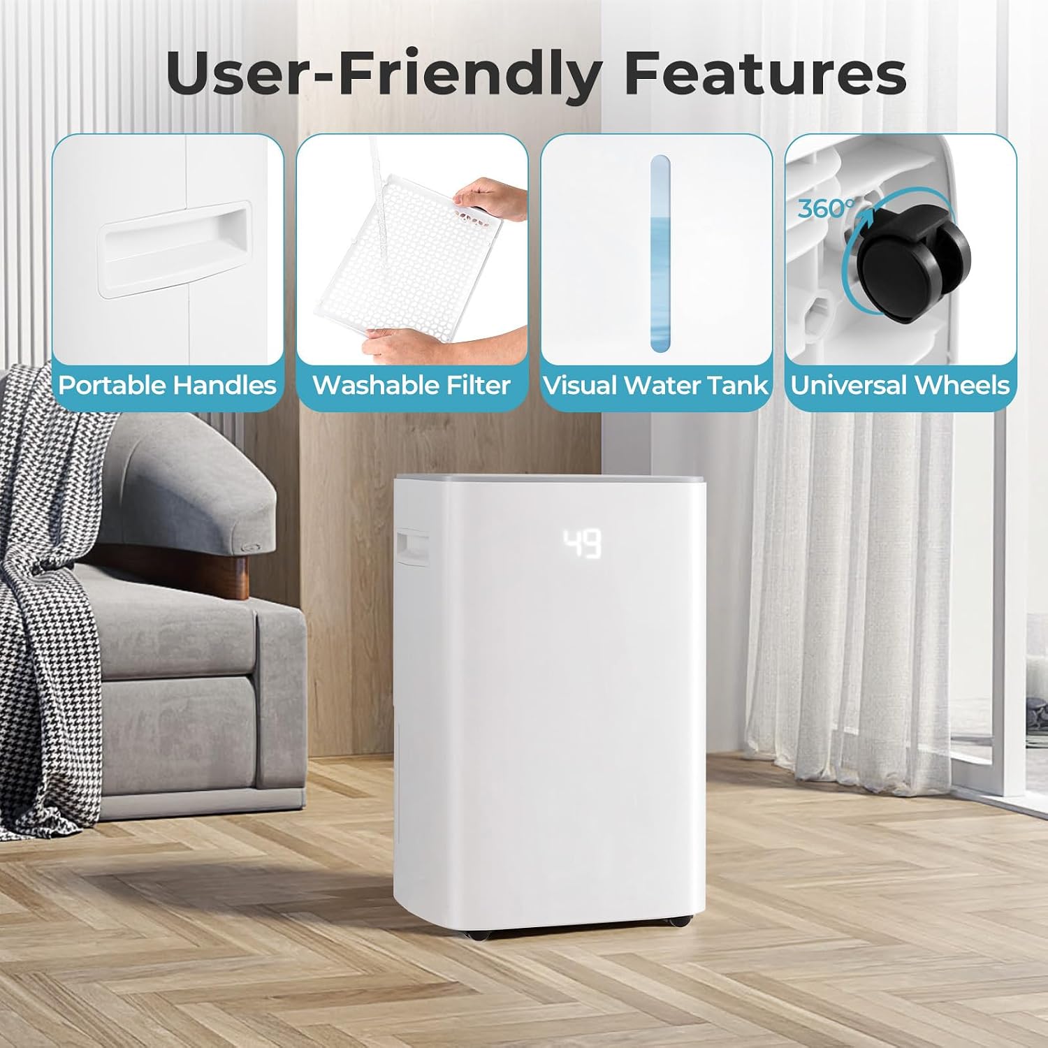4500 Sq. Ft Dehumidifier for Basement, 52 Pint Garage Dehumidifier for Home, Bedroom & Bathroom with Drain Hose, Smart Humidity Control & Display, 3 Modes, 24H Timer & Auto Defrost