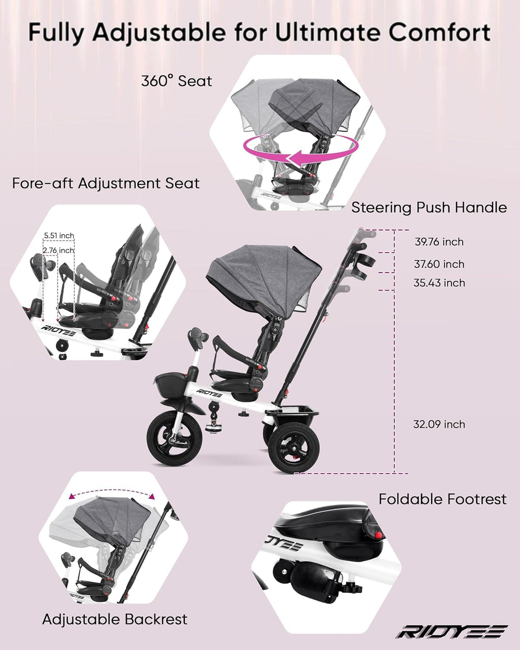 RIDYEE 7-in-1 Tricycle for 18 Months to 5 Years, All-Terrain Rubber Tires, Dual Wheel Brakes, Rotatable Seat for Toddlers 1.5-3, Tricycle for 3-5 Years with DIY Stickers, White