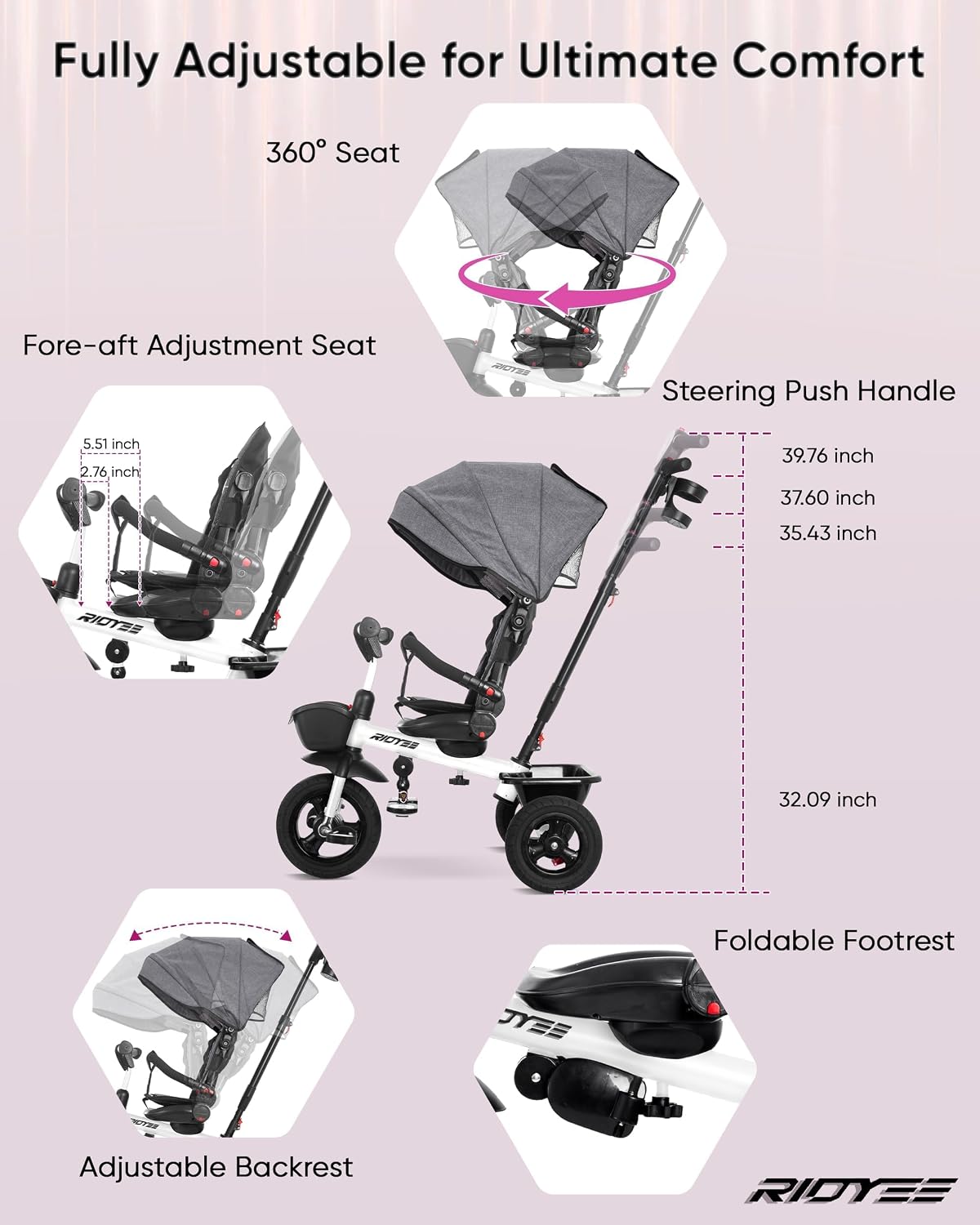 RIDYEE 7-in-1 Tricycle for 18 Months to 5 Years, All-Terrain Rubber Tires, Dual Wheel Brakes, Rotatable Seat for Toddlers 1.5-3, Tricycle for 3-5 Years with DIY Stickers, White