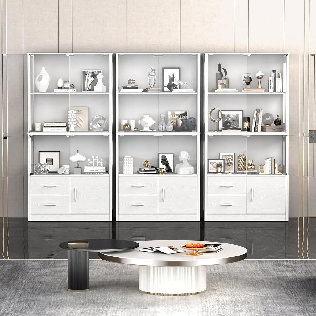 Display Cabinet with Glass Doors, 4-Tier Display Case with 3-Color Lights & Human Body Sensor, Storage Cabinets with 3 Shelves & 2 Drawers for Collectibles/Living/Dining/Game Room, White
