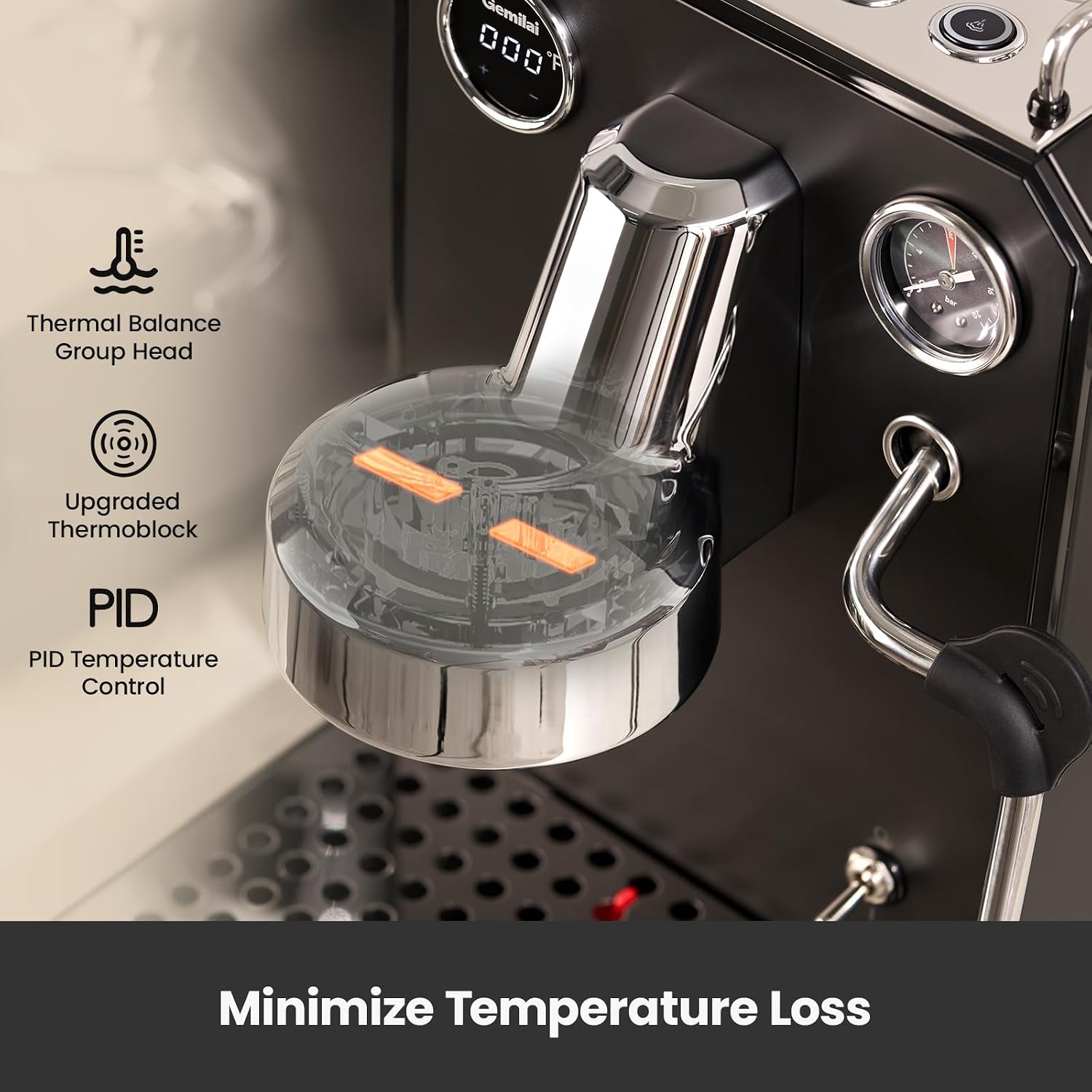 Gemilai Owl G3006 Home Espresso Machine, 58mm Commercial Group Head & PID Temp Control, Stainless Steel Coffee Maker for Barista-Quality Latte Art, Cappuccino Dual Data Display Black