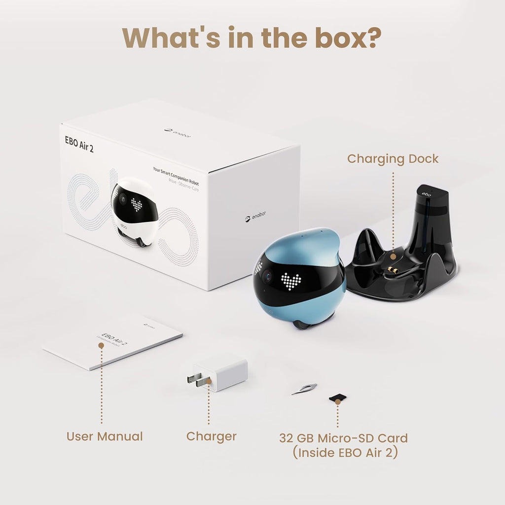 Enabot EBO Air 2 FamilyBot Indoor Security Camera Robot: 2K Pet Camera, Movable Home Robot, Custom Facial Expression, Auto-Recharge, Battery-Operated, 2-Way Talk, Night Vision(Jay Blue)