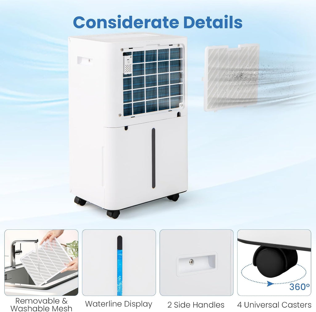 COSTWAY 54 Pints Dehumidifier for Basement, 4500 Sq.Ft Dehumidifier with 3 Modes, 24H Timer, LED Display, 3-Color Indicator Light, Child Lock, Drain Hose & Auto Defrost for Bathroom Bedroom