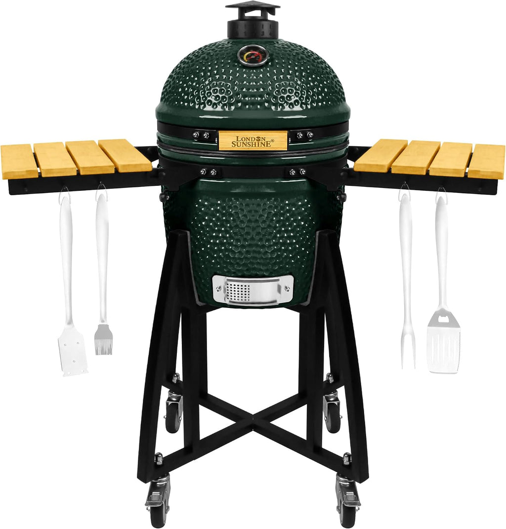 London Sunshine 15-inch Ceramic Kamado Charcoal BBQ Grill & Smoker with Locking Casters, Foldable Side Shelves, Stainless Steel Grates, and Tall Stand (Green)