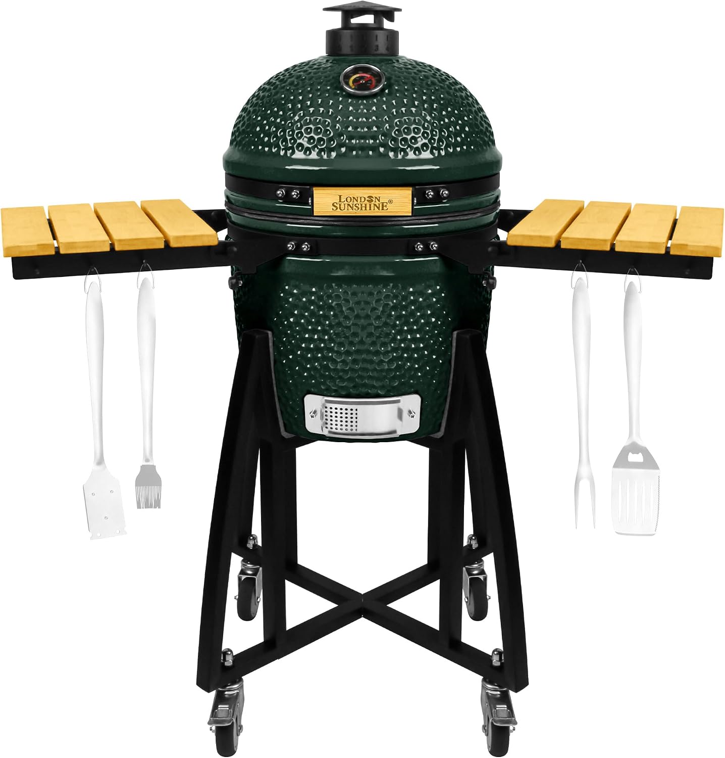London Sunshine 15-inch Ceramic Kamado Charcoal BBQ Grill & Smoker with Locking Casters, Foldable Side Shelves, Stainless Steel Grates, and Tall Stand (Green)