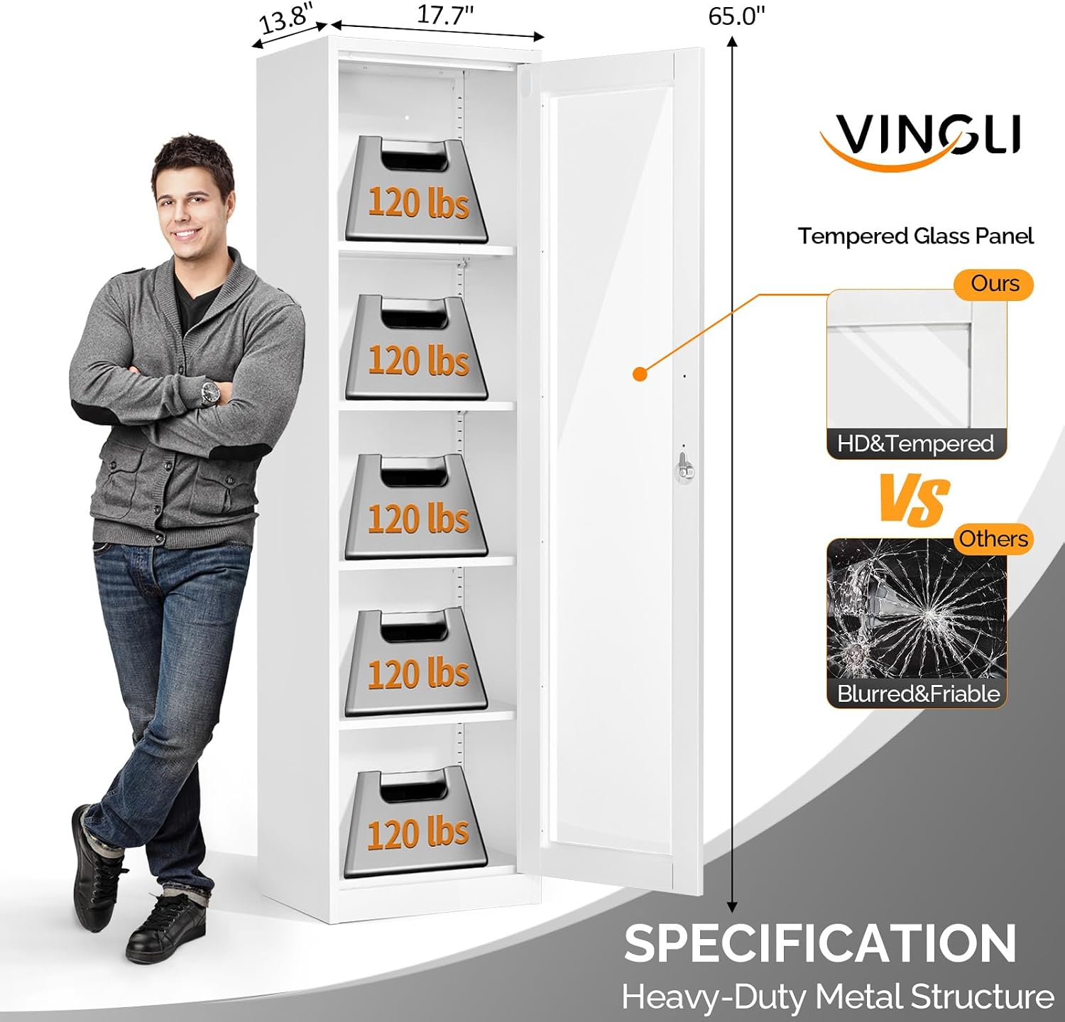 VINGLI Lockable Display Cabinet with Glass Door & 4 Adjustable Shelves, 65' Tall Metal Storage Cabinet Curio Liquor, Bookshelf Bookcase for Home Office Living Room Pantry Garage (White)