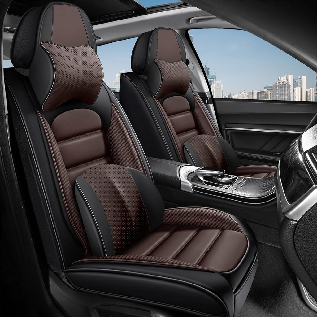 2 Car Seat Covers for Infiniti QX80 2000-2026 Breathable Leather,Waterproof Car Seat Protectors with Comfort Headrest Pillows,Automotive Vehicle Cushion with Storage Pockets (Luxury,Brown)