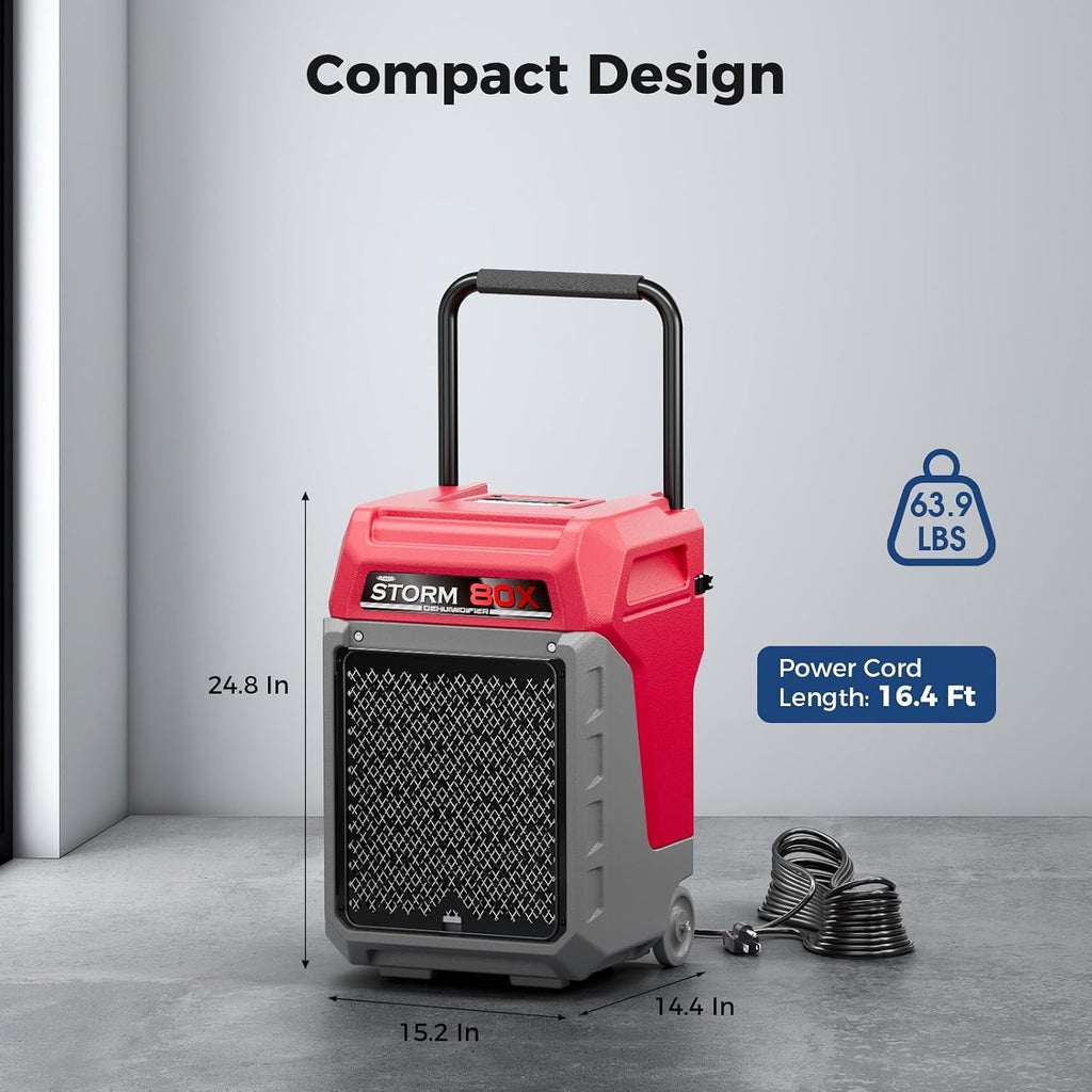 ALORAIR 170 PPD Commercial Dehumidifier with Pump & Drain Hose, LGR Industrial Use, Portable Dehumidifier with Wheels for Water Damage Restore, Carpet Drying, Storm 80X (Red)