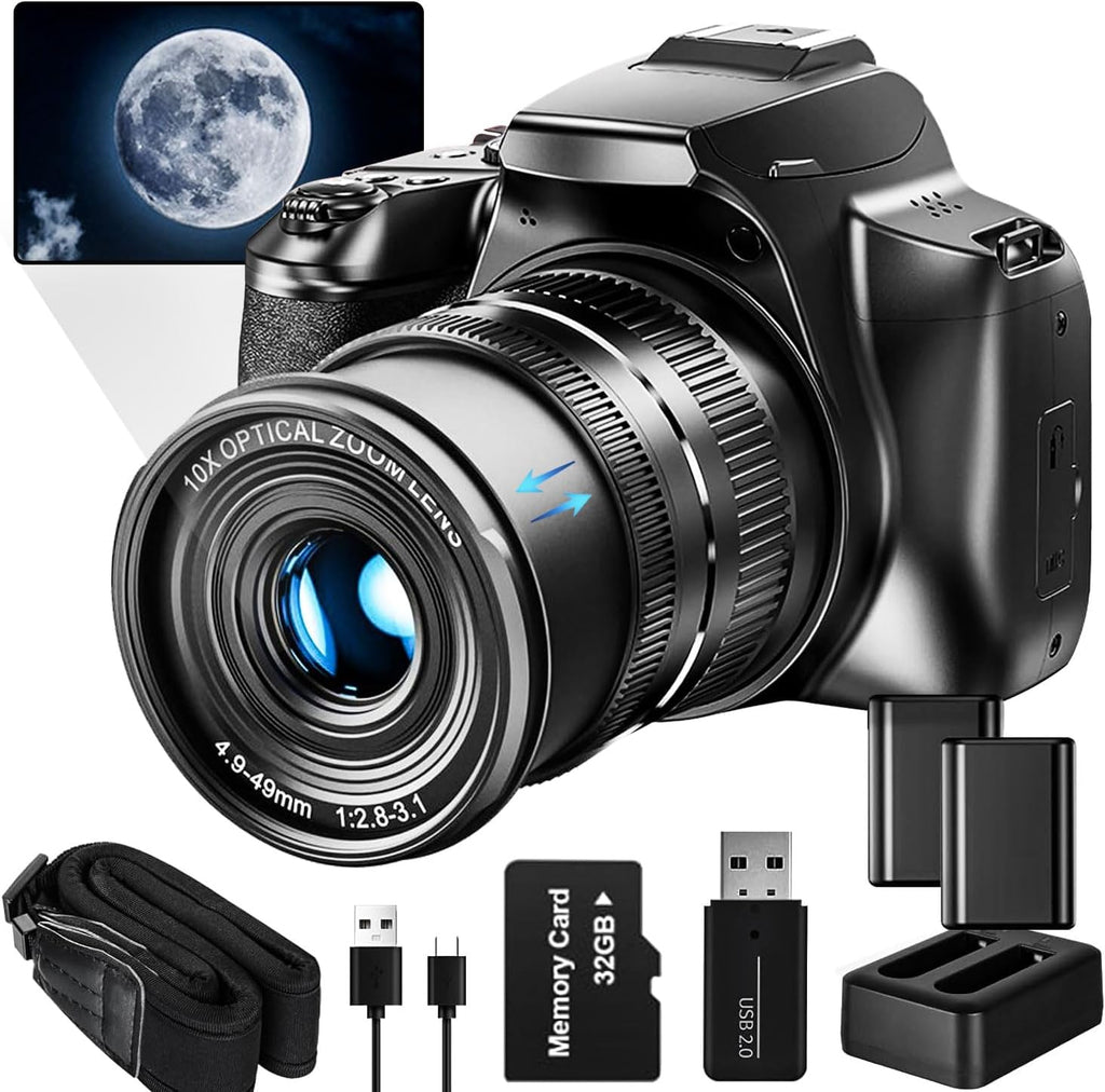 64MP Digital Cameras for Photography, 10X Optical Video Camera, 4X Digital Zoom Vlogging Camera for YouTube with Flash, WiFi & HDMI Output, 32GB SD Card(Black)