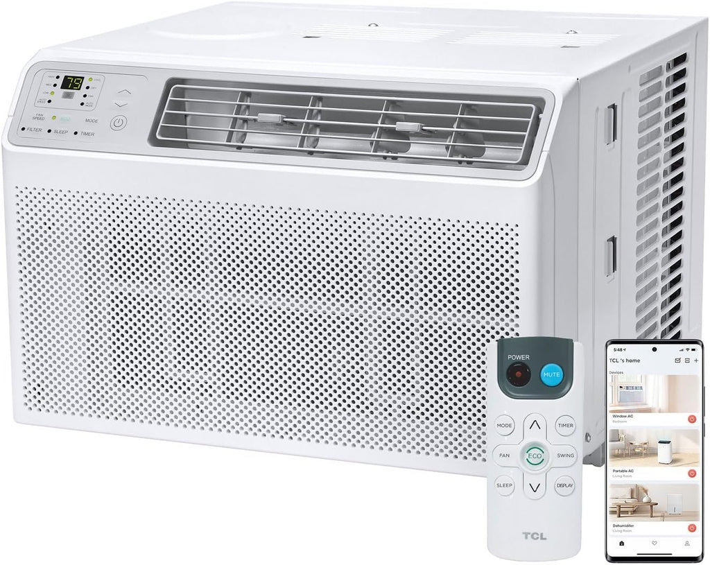TCL 8000 BTU Smart Window Air Conditioner, Best Compact Quiet Energy Efficient AC Unit, Fan & Dehumidifier, Rooms Up To 350 Sq. Ft., Remote Control, Works with Alexa, Google Assistant & TCL Home App