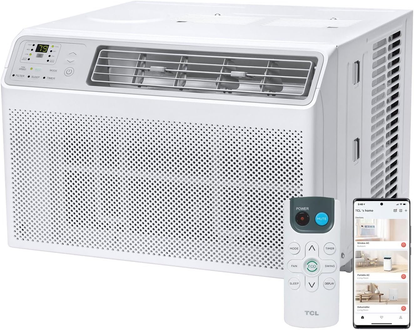 TCL 8000 BTU Smart Window Air Conditioner, Best Compact Quiet Energy Efficient AC Unit, Fan & Dehumidifier, Rooms Up To 350 Sq. Ft., Remote Control, Works with Alexa, Google Assistant & TCL Home App
