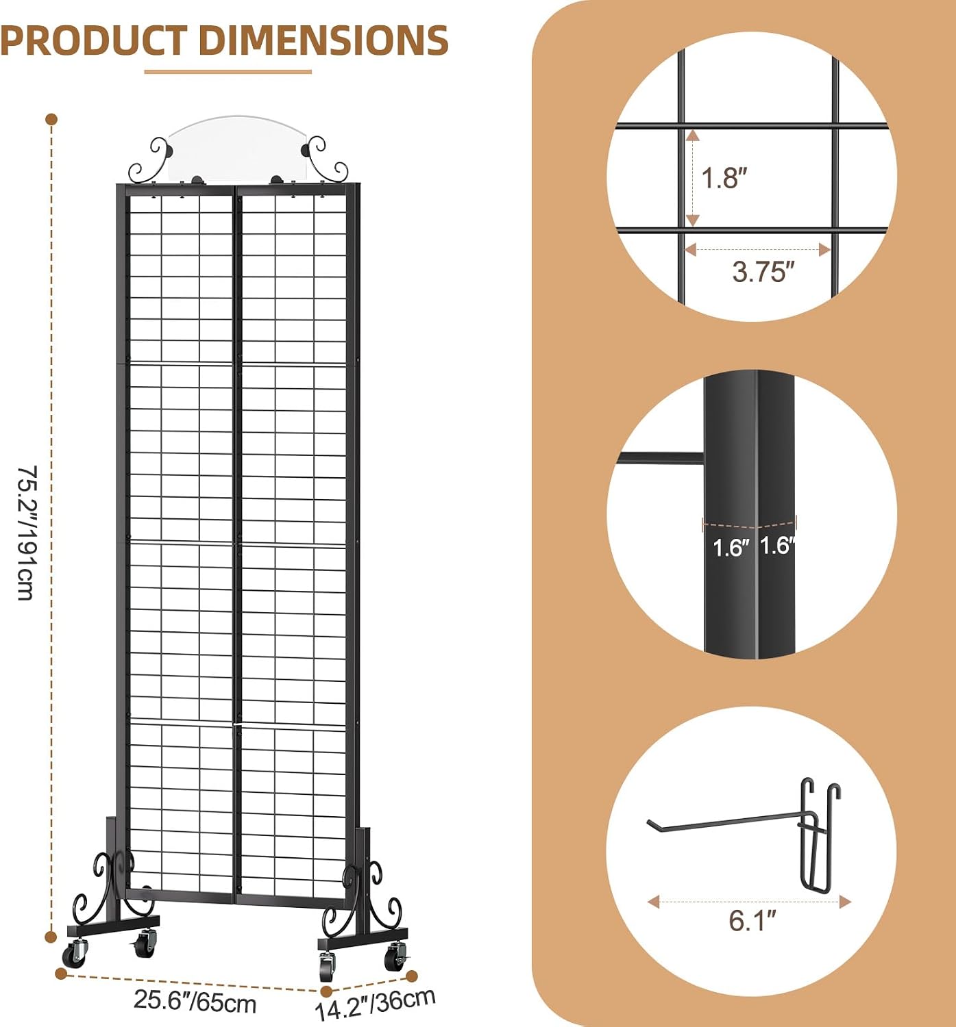 Urban Deco 3 Packs Grid Wall Panel Display Stand, 2.2' x 6.2' FT Gridwall Panel with Extra 24 Hooks, Craft Show Display Rack Black Metal Grids Standing Wire Rack for Retail Merchandise