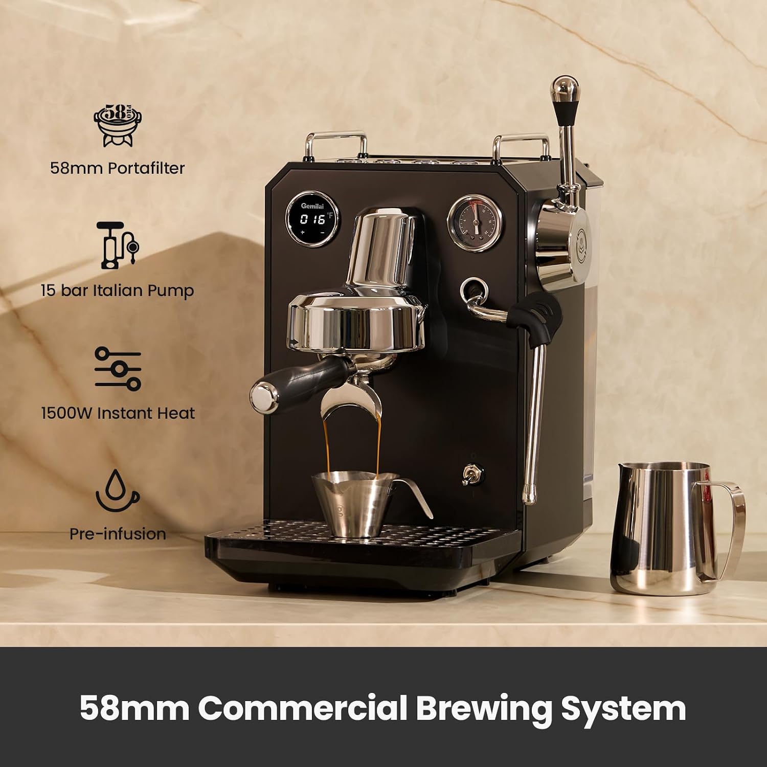 Gemilai Owl G3006 Home Espresso Machine, 58mm Commercial Group Head & PID Temp Control, Stainless Steel Coffee Maker for Barista-Quality Latte Art, Cappuccino Dual Data Display Black
