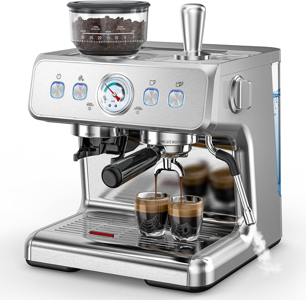 COWSAR 20 Bar Espresso Machine with Grinder & Milk Frother Steam Wand, 58mm Expresso Coffee machines, Commercial Stainless Steel Coffee Maker for Cappuccino and Latte, Perfect for Home Café-Stainless