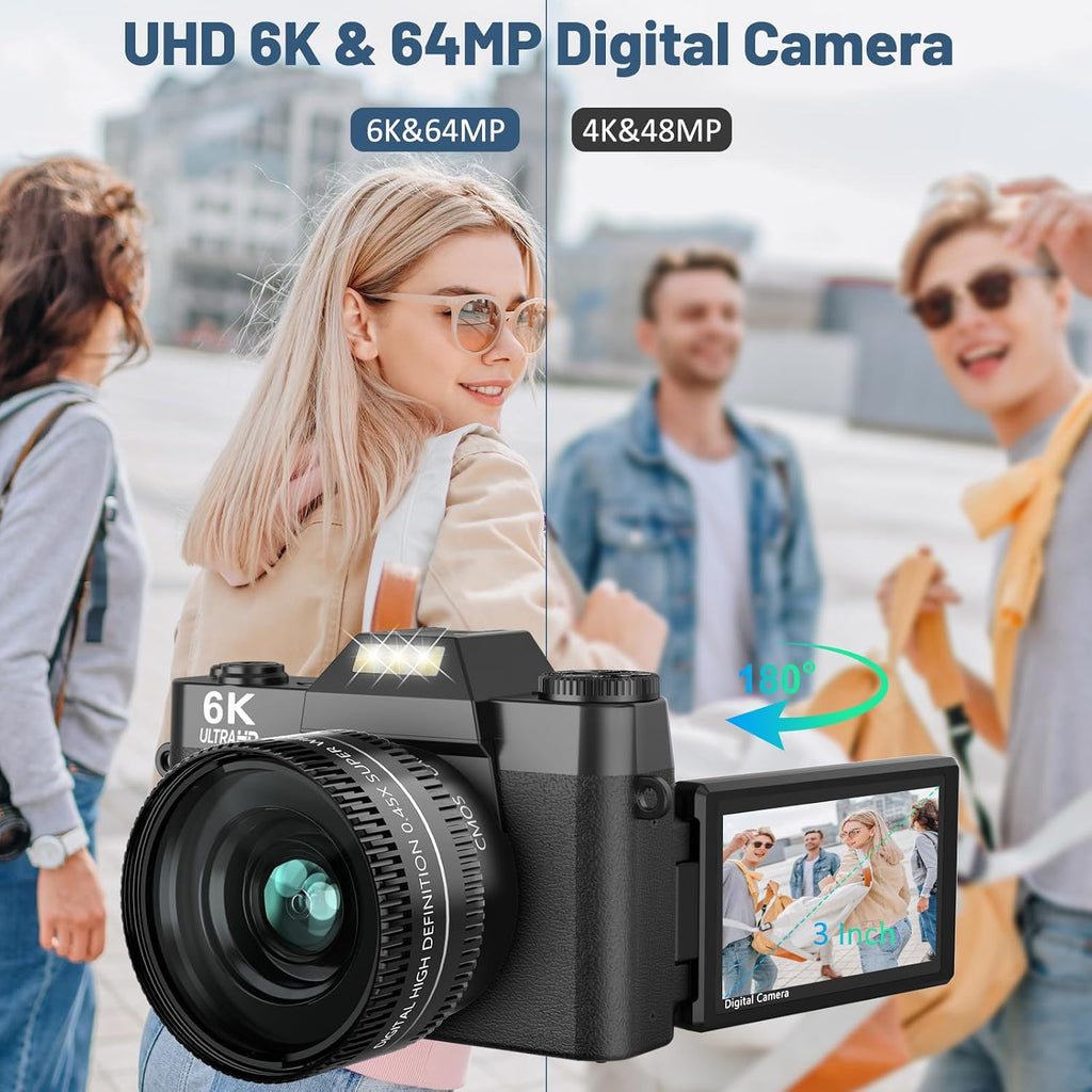 6K Digital Camera for Photography - WiFi 64MP Vlogging Cameras for YouTube with 3' 180° Flip Screen, 16X Digital Zoom Autofocus Vlog Travel Camara with 32GB SD Card, 2 Batteries and Double Charger