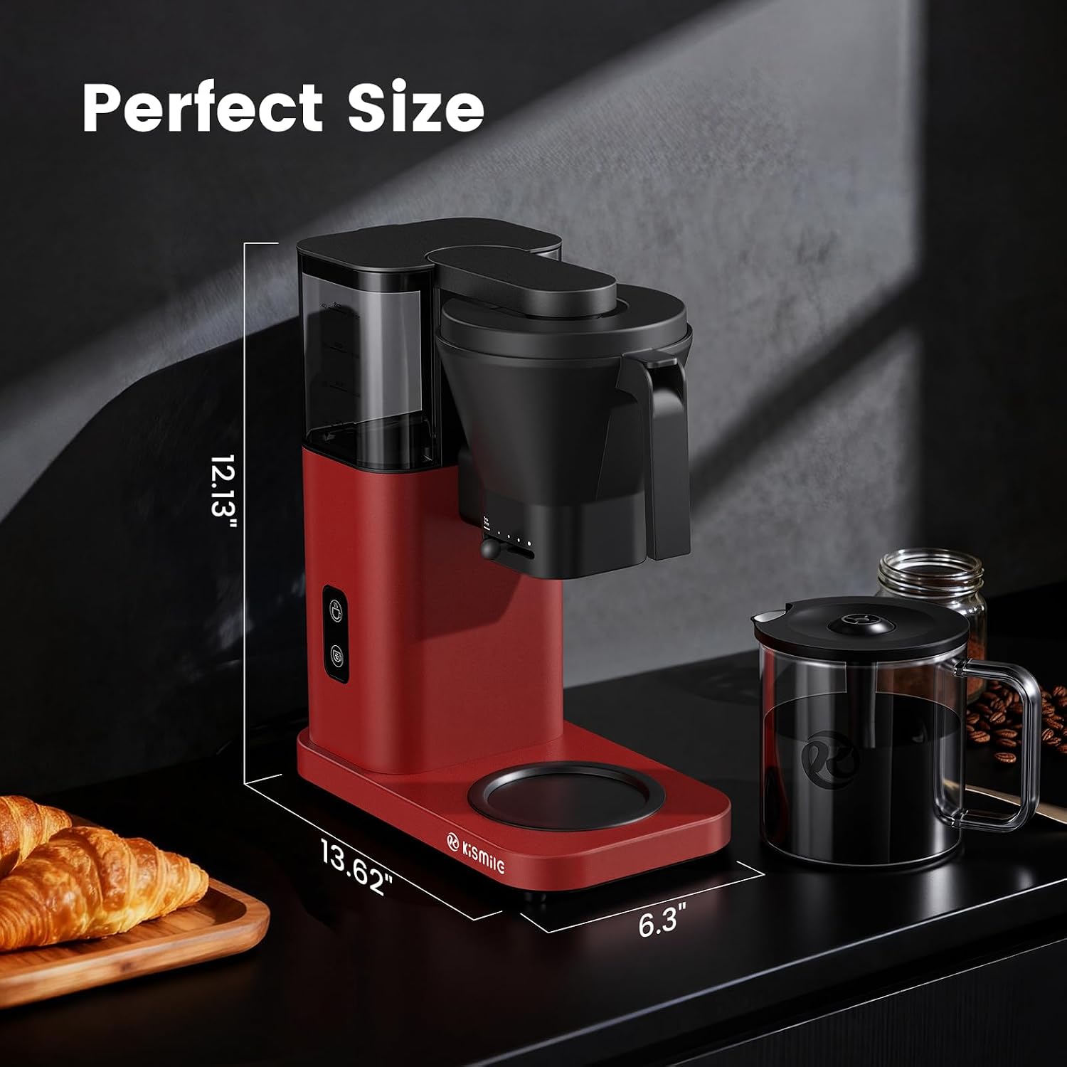 Kismile Drip Coffee Machine,SCA Certified Coffee Maker,Pour Over Coffee Brew with 3s Instant Heat 197-205℉, Adjustable Flow Control, Deep Cold Brew & Keep Warm 40 Min, Easy to Clean (Red)