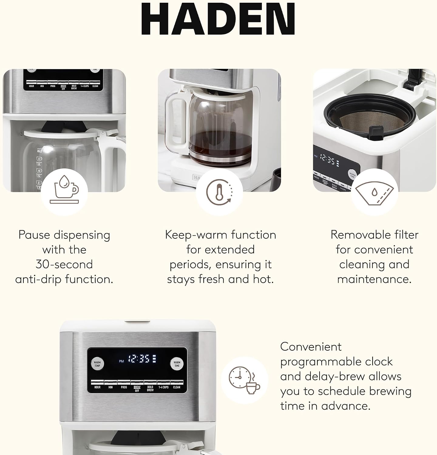 HADEN Generous Brew 14 Cup Coffee Maker with 120 Minute Keep Warm, Delay Brew, Adjustable Strength, Programmable Clock, and Anti Drip, Ivory/Chrome