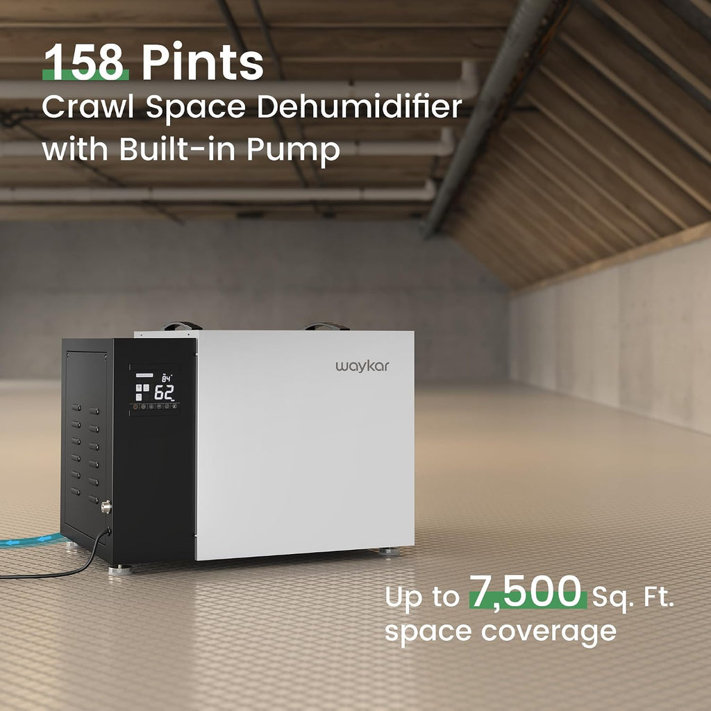 Waykar 158 Pint Crawl Space Dehumidifier with Pump & Drain Hose for Basements, Commercial & Water Damage Spaces up to 7500 Sq. Ft., Compact, Strong Dehumidification, 5-Year Quality Coverage