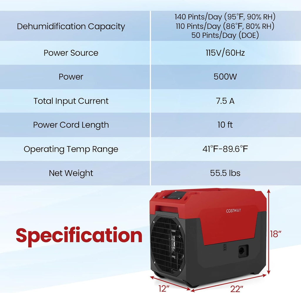 COSTWAY 140 Pints Commercial Dehumidifier with Pump, Portable Industrial Dehumidifier with Drain Hose for Basements, Job Sites, Water Damage Restoration, Large Spaces up to 1800 Sq.Ft (Red)