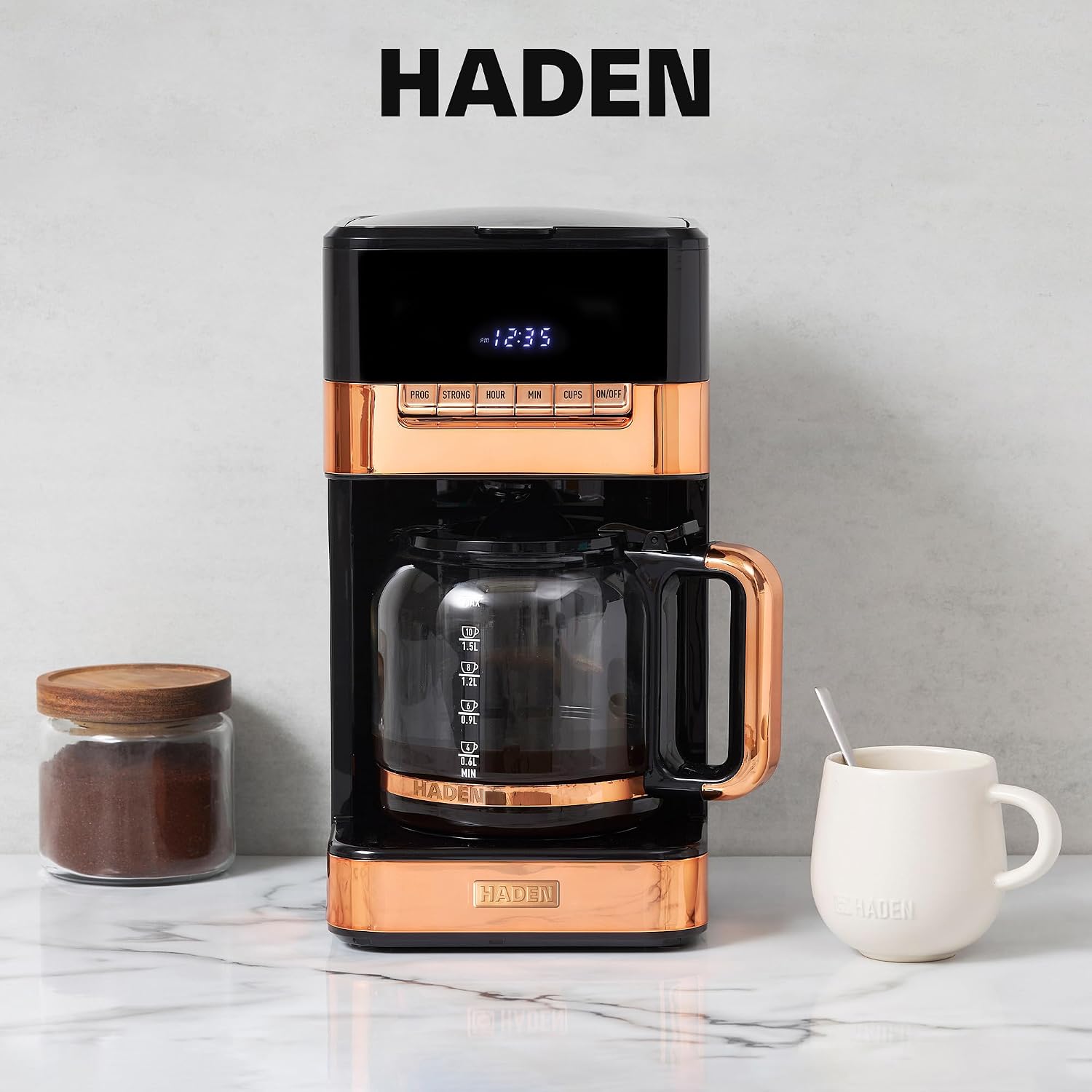HADEN Quintessential 12 Cup Brew Coffee Maker, 120 Min Keep Warm, Delay Brew, Adjustable Strength, Programmable Clock, 30s Anti Drip, Black/Copper