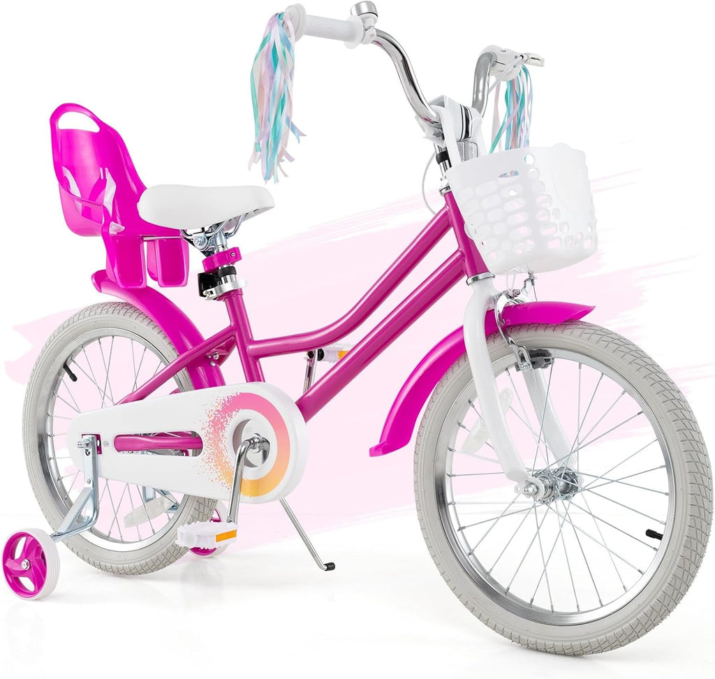 HONEY JOY Kids Bike, 12 14 16 18 Inch Girls Bike w/Training Wheels, Doll Seat, Streamers, Handbrake & Coaster Brake, Fully Enclosed Chain, Princess Style Children Bicycle, Gift for Girls 3-8