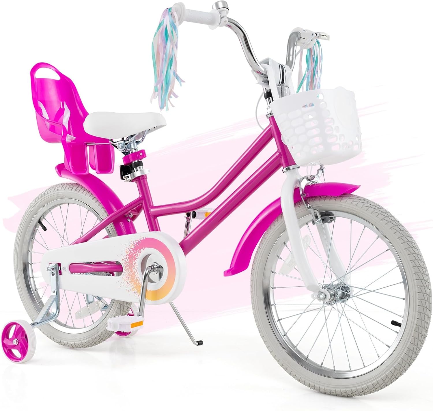 HONEY JOY Kids Bike, 12 14 16 18 Inch Girls Bike w/Training Wheels, Doll Seat, Streamers, Handbrake & Coaster Brake, Fully Enclosed Chain, Princess Style Children Bicycle, Gift for Girls 3-8