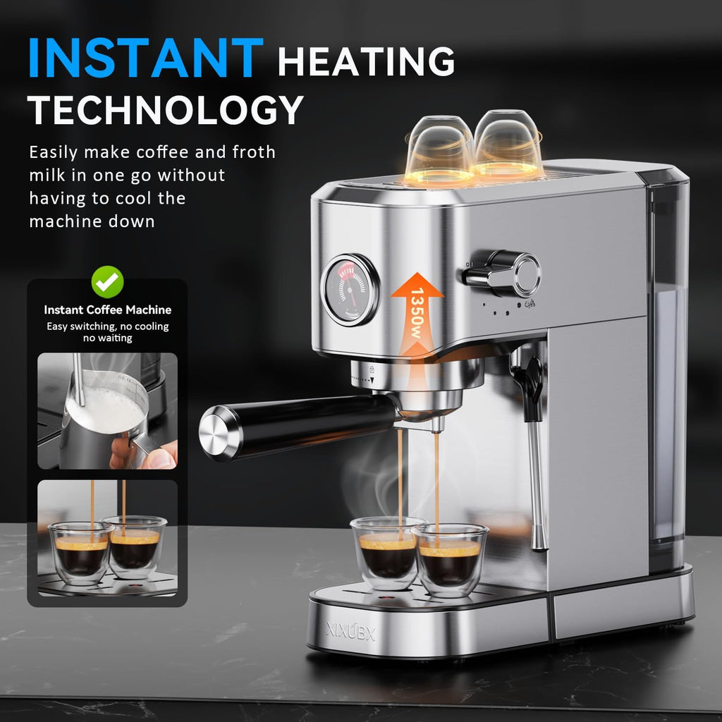 XIXUBX 20Bar Espresso Machine, Compact Espresso Maker with Milk Frother, Stainless Steel Coffee Machine for Cappuccino&Latte, 42oz Water Tank, Visible Pressure Gauge, Home&Office, Silver