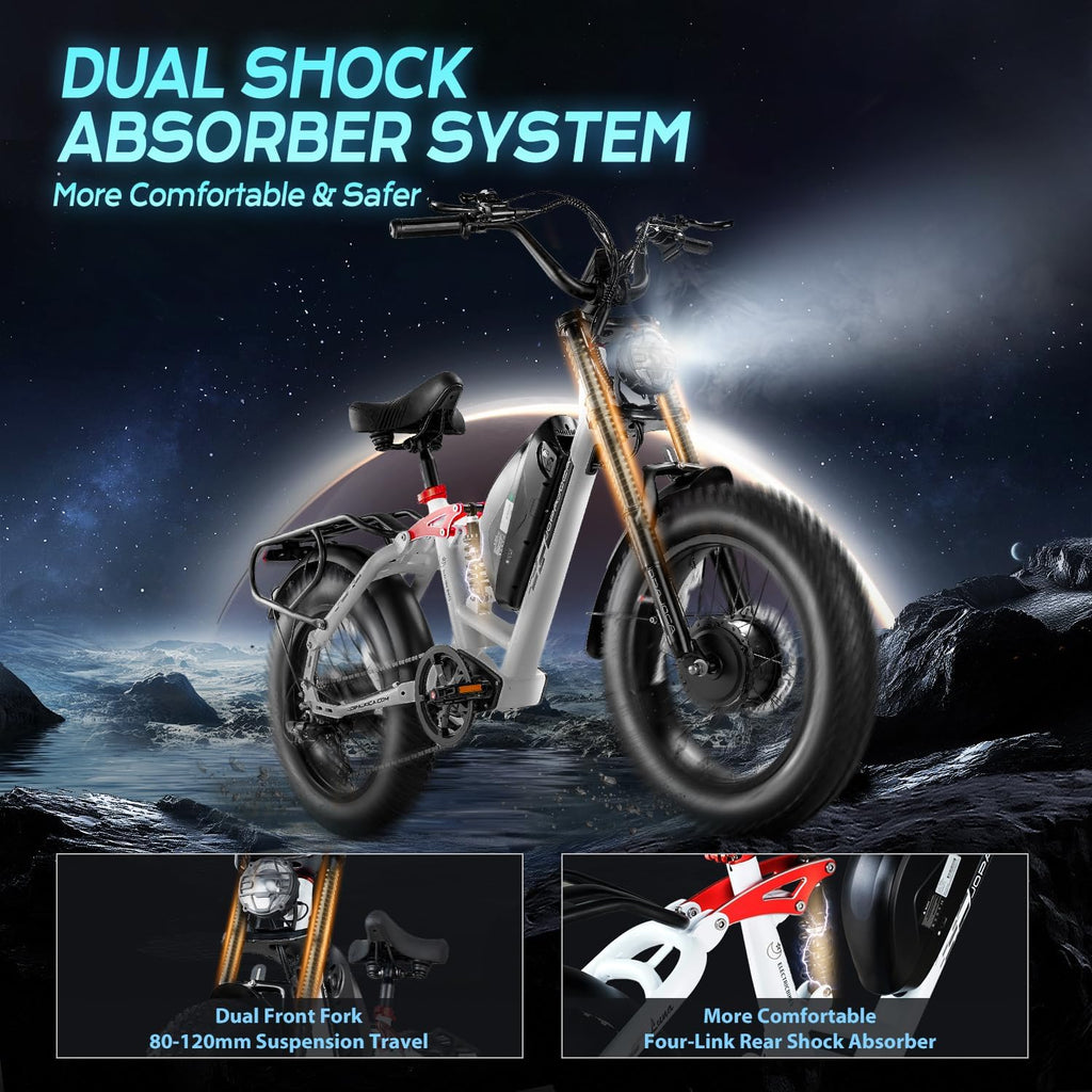 eAhora Terra/Luna 2 Dual Motor 33-31Mph Electric Bike for Adults 3000W/1500W Ebike with Removable 48V 20Ah/15Ah Battery 20'' * 4.0 Fat Tire All Terrain Ebikes, SHM 7-Speed Gear Electric Bicycle