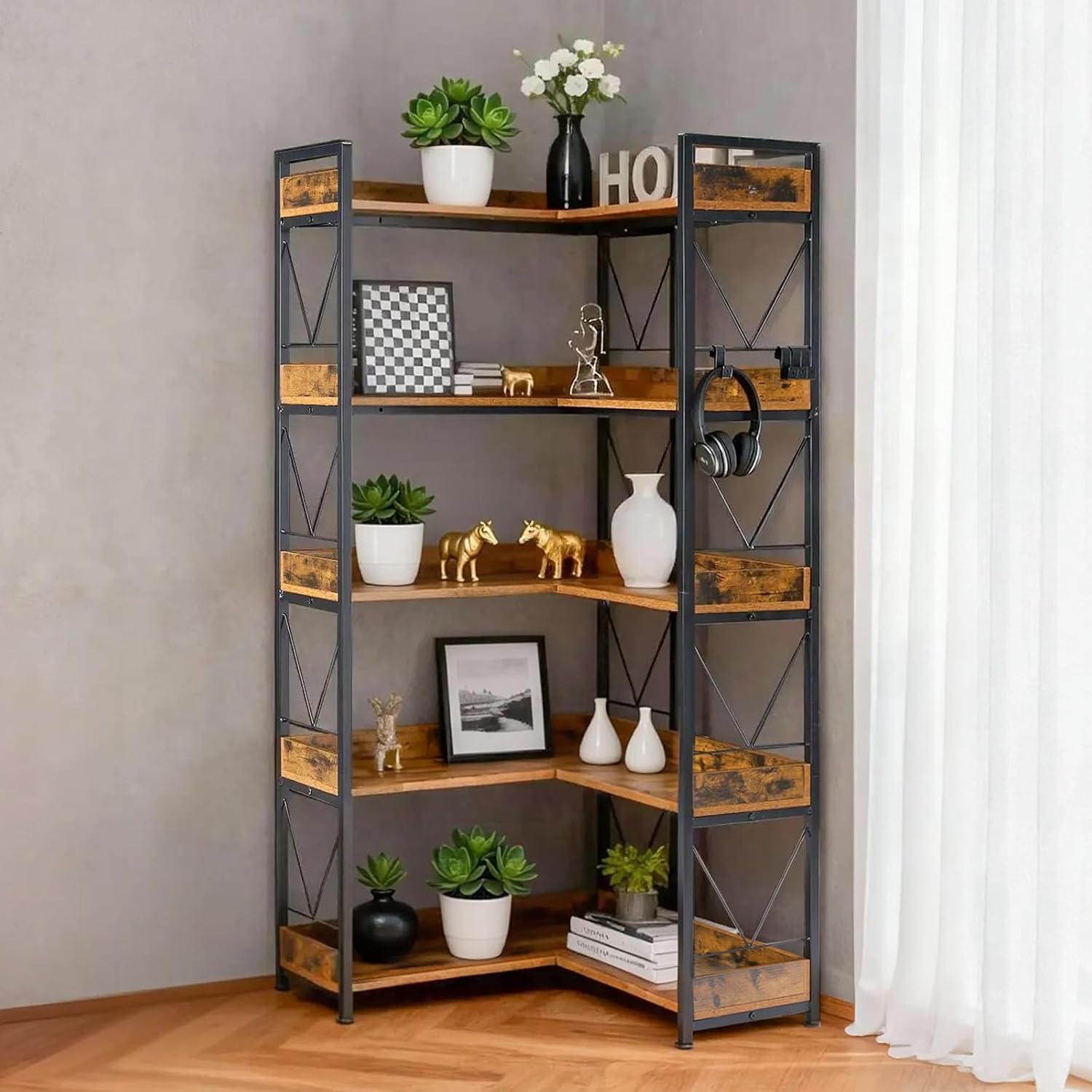 DUMOS 65 inch L Shaped Bookshelf, 5 Tier Corner Bookcase with Hooks and Edge, Industrial Pantry Shelves with Metal Frame, Wooden Open Storage for Living Room, Home Office, Bedroom, Rustic Brown
