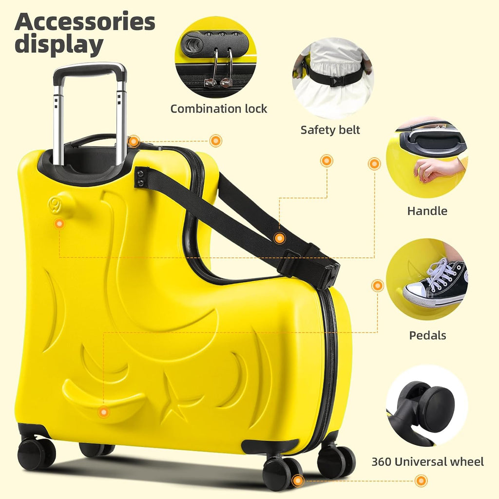 Toddler Luggage Ride On Suitcase for Kids with 4 Spinner wheels, Hardside Travel Luggage for Boys and Girls Ages 2-12 (Sunshine Yellow, 20-Inch Carry-On for Most Airlines)