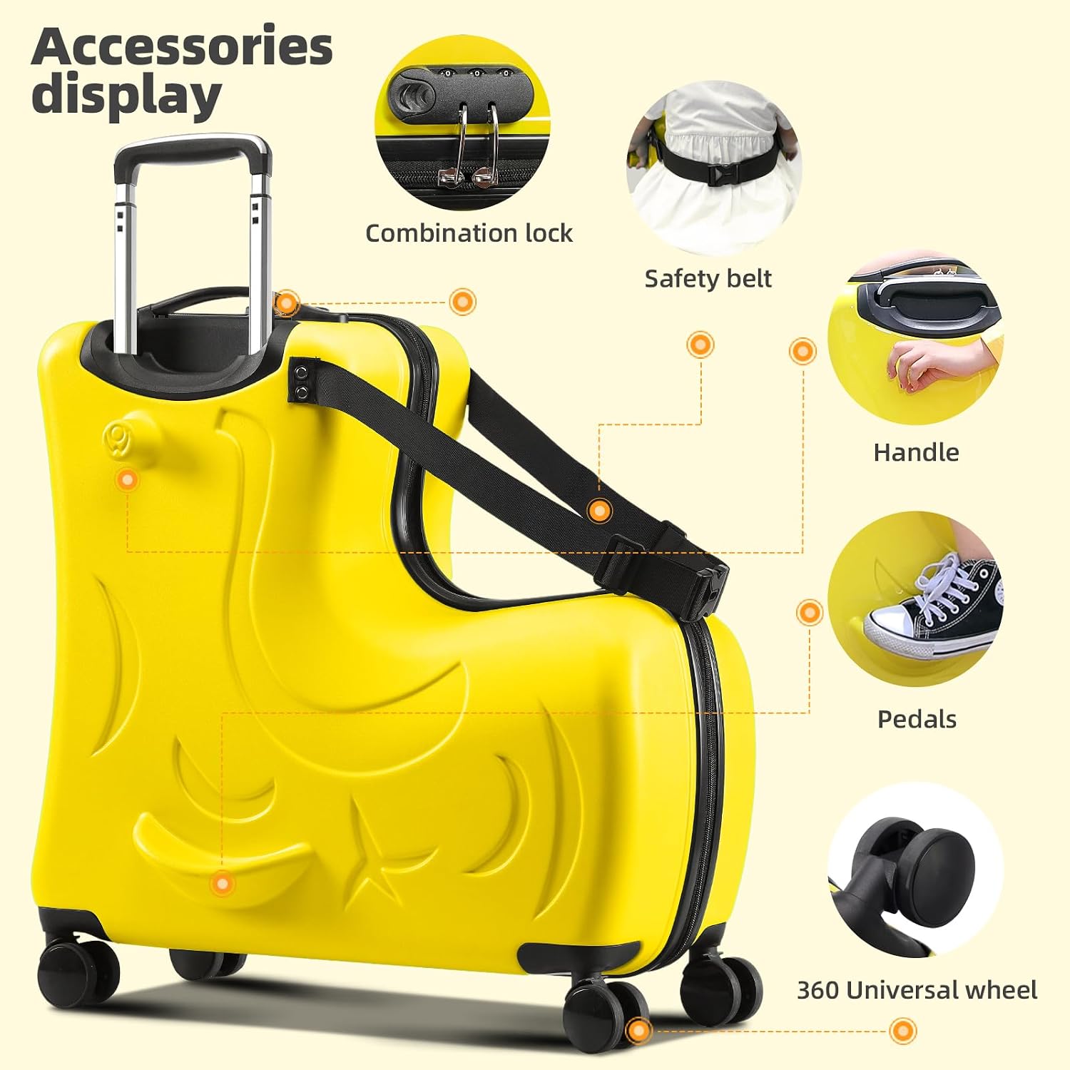 Toddler Luggage Ride On Suitcase for Kids with 4 Spinner wheels, Hardside Travel Luggage for Boys and Girls Ages 2-12 (Sunshine Yellow, 20-Inch Carry-On for Most Airlines)