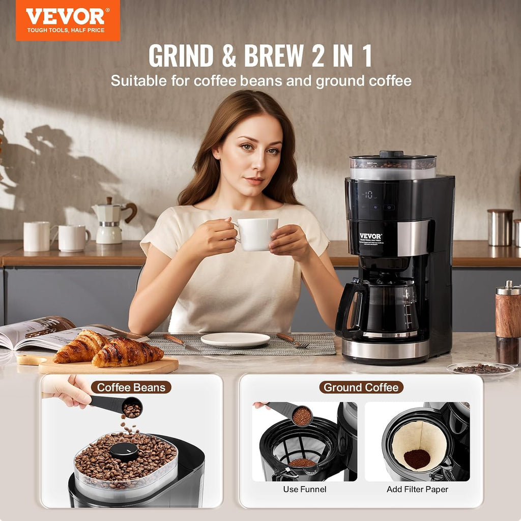 VEVOR Coffee Maker with Grinder, 10 Cup Coffee Machine, Grind and Brew Coffee Maker with 3 Brew Strength Control, Adjustable Grinding Coarseness, for Home Office Restaurant