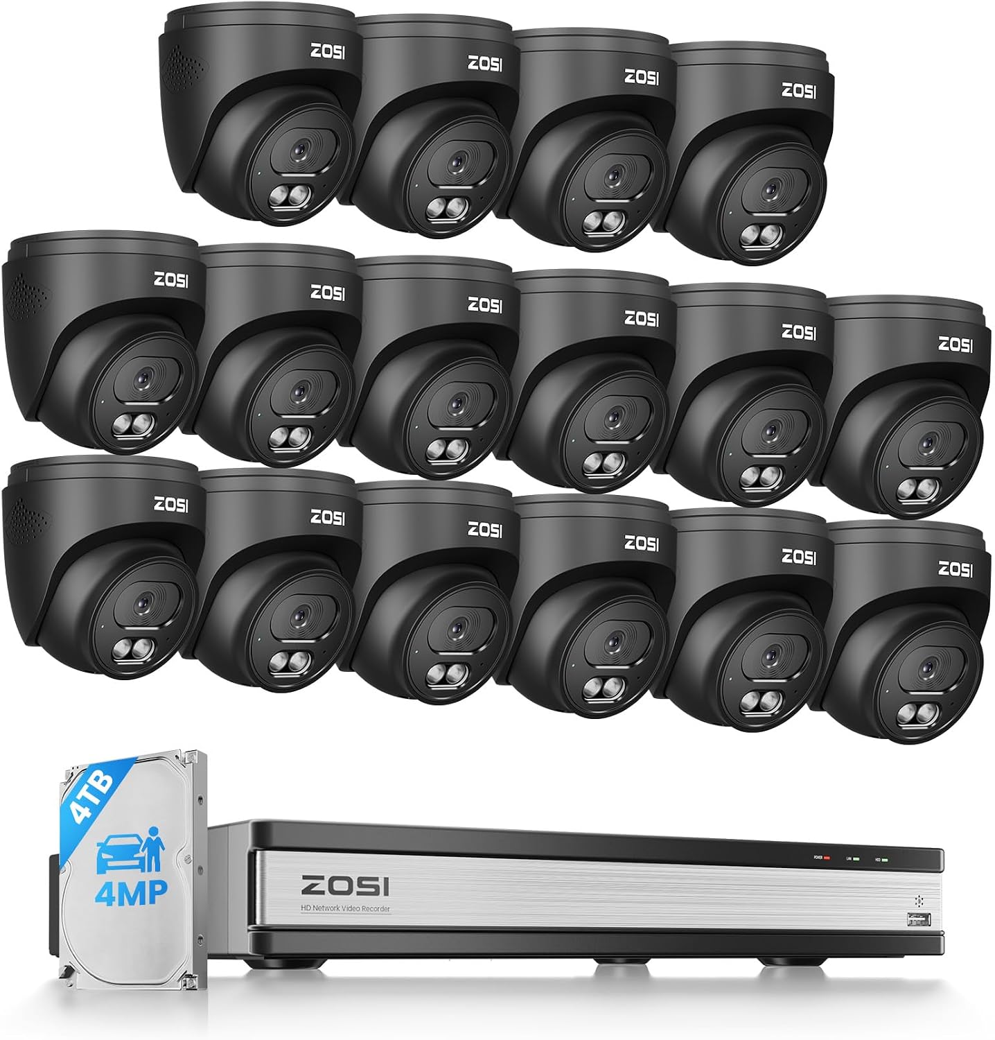ZOSI C220 16CH 4K 8MP PoE Home Security Camera System, 16 Channel 4K NVR with 4TB HDD for 24/7 Record, 16 x 4MP(1440p) 2.5K QHD Dome IP Cameras Outdoor Indoor, Smart AI Human Detection, Two-Way Audio