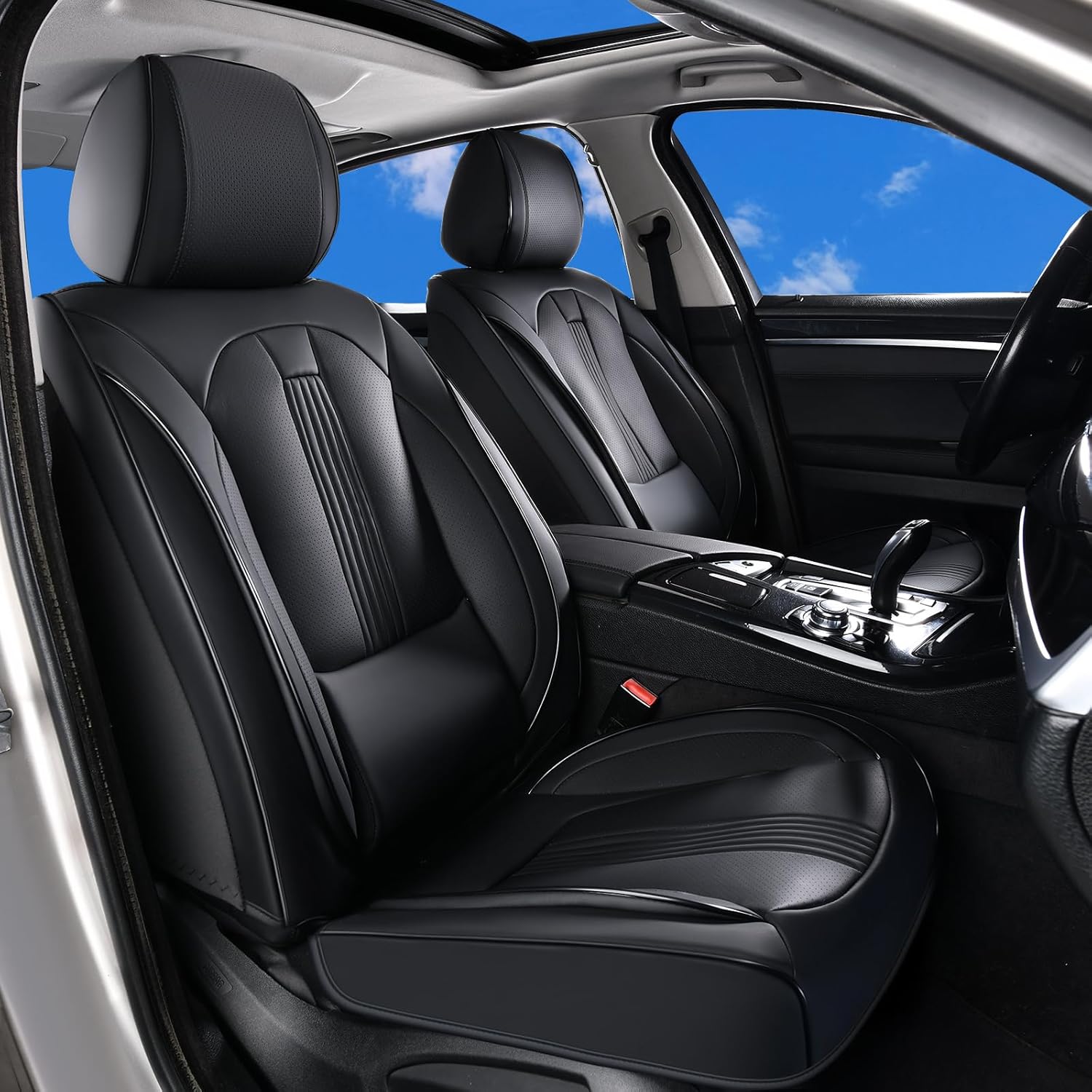 Huidasource Black Front Seat Cover, Nappa Leather Front Car Seat Cover with Lumbar Support, Ventilation Holes, Elastic Fabric, Airbag, Full-Coverage Seat Covers, Fit for Most Cars SUV Trucks, Black