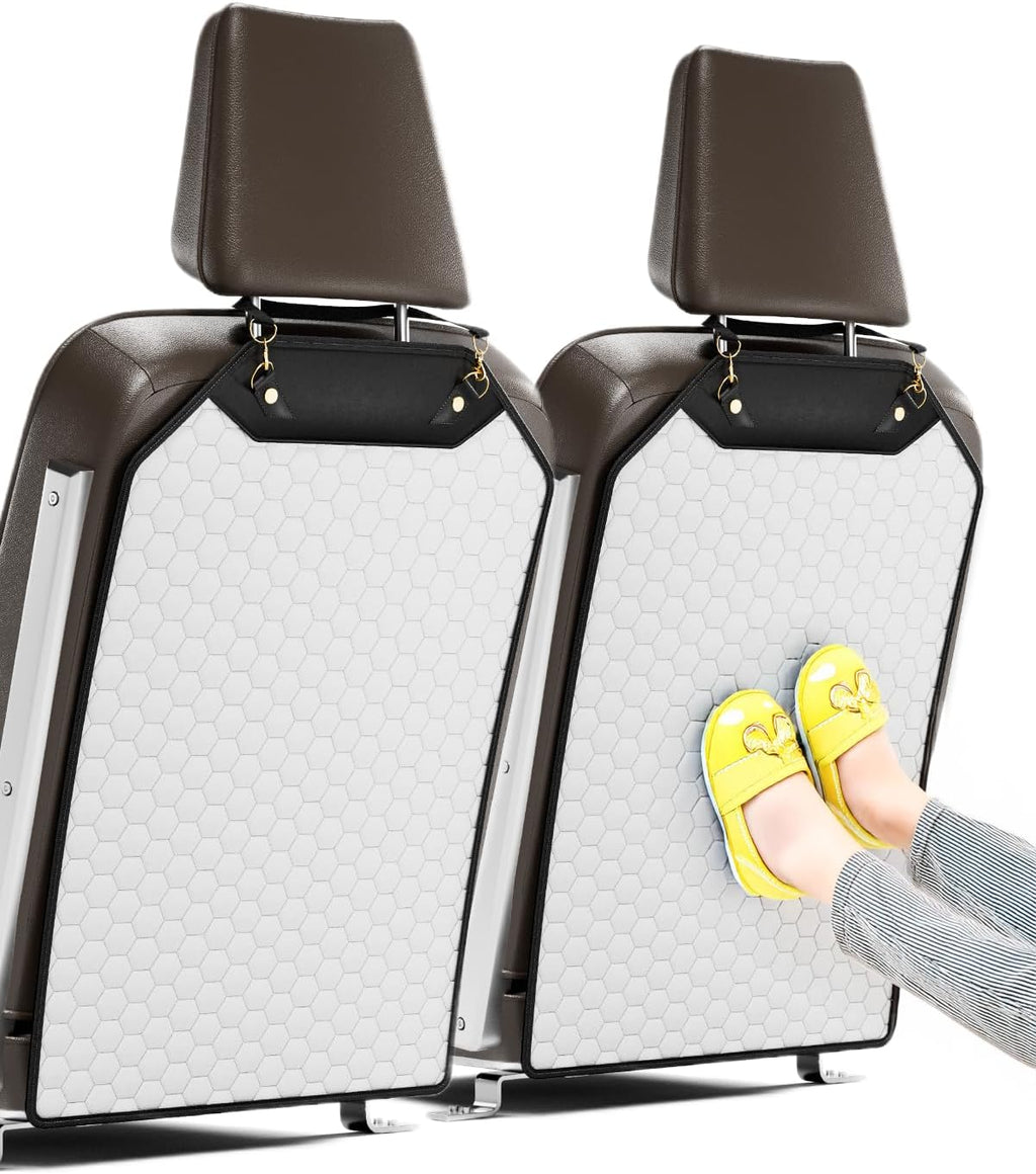 Owleys Kick Mat Back Seat Protector - Car Back Seat Cover for Kids Feet - Waterproof & Sturdy Protector for Upholstery from Dirt, Mud, Scratches and Stain (White 2 pcs)
