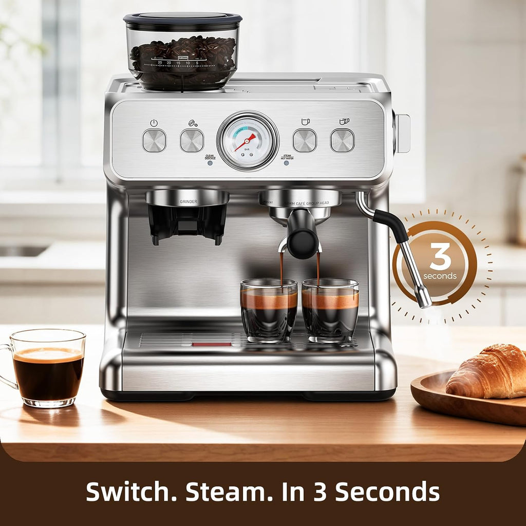 Electactic 15 Bar Espresso Machine with Grinder & Milk Frother, 58mm Expresso Coffee machines, Stainless Steel Coffee Maker for Cappuccino and Latte, Perfect for Home and Café Use-Dual Boiler