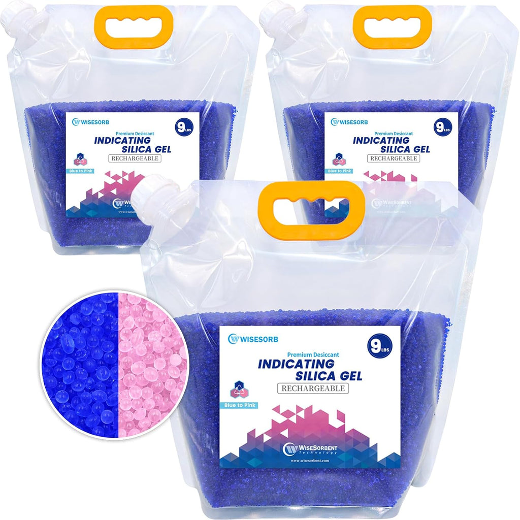 Wisesorb Net 27LBS Blue Indicating Silica Gel Beads Desiccants (Industry Standard 3-5 mm) - Reusable Desiccant Beads Silica Beads [Blue to Pink, 3 Packs of 9LBS]