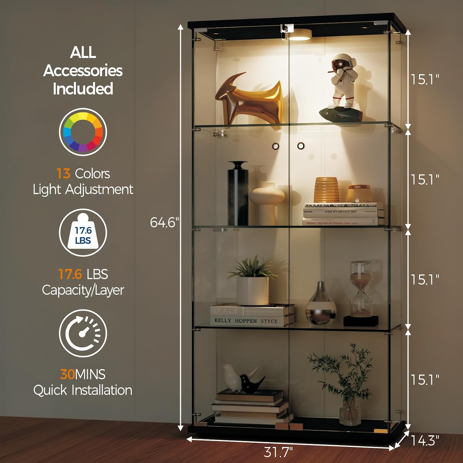 Garvee Glass Display Cabinet with LED Light, Tempered Glass Curio Collection Display Showcase with 4 Shelves and Lock, 2 Door Curio Cabinets for Living Room Bedroom Office, 64 x 31.7 x 14.3 in, Black