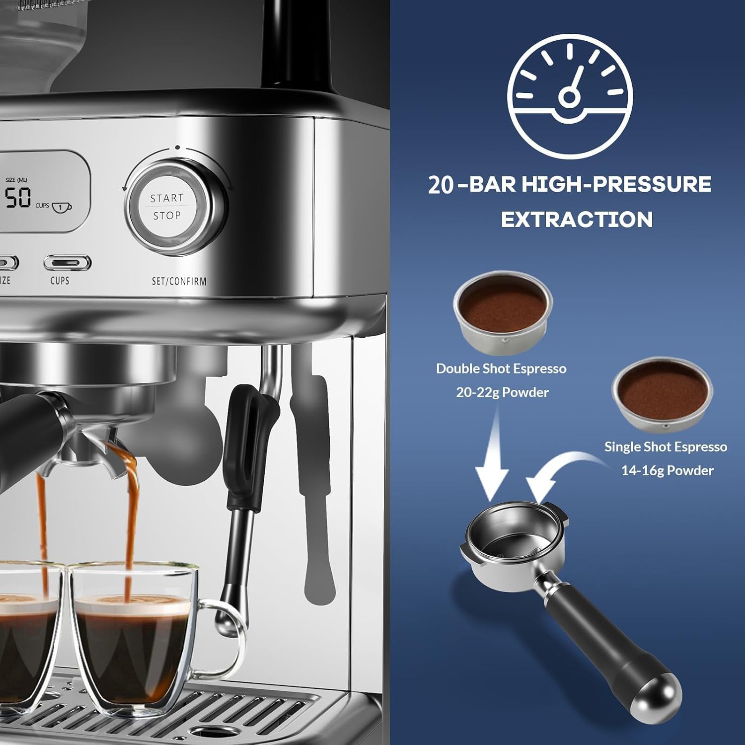 Garvee Espresso Machine Built-In Grinder, High Power Milk Frother, Digital LCD, Stainless Steel (Single/Double Brew)